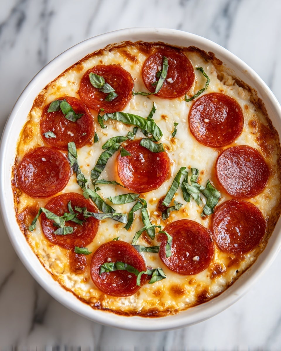 A round white bowl filled with a layered pizza dip. The bottom layer is smooth and creamy, light beige in color. On top, there is a thick, melted layer of golden yellow cheese covering the dip. Large round slices of reddish-brown pepperoni are placed evenly on top of the cheese layer. Fresh bright green basil leaves are scattered on the dip, adding a fresh touch. The bowl sits on a white marbled surface. photo taken with an iphone --ar 4:5 --v 7