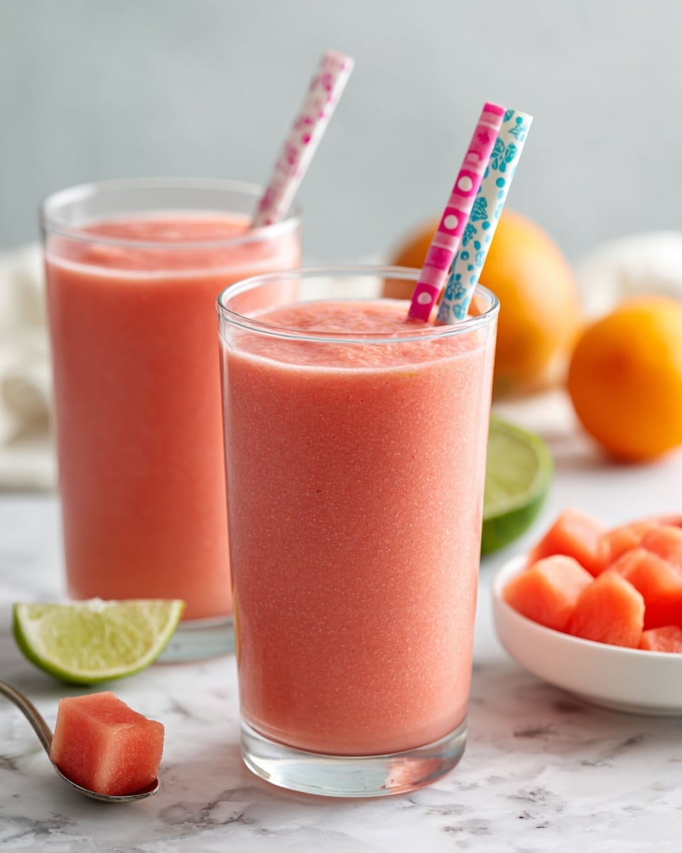 Two clear glasses are filled with a smooth pink smoothie that almost reaches the top, each glass holding a colorful pink straw with blue and white dots. A white marbled surface supports the glasses, with a white bowl filled with small orange watermelon chunks in the background. A silver spoon nearby holds one piece of watermelon, and a lime and an orange fruit are placed further back, slightly out of focus. The overall look is fresh and bright, with soft natural light. photo taken with an iphone --ar 4:5 --v 7