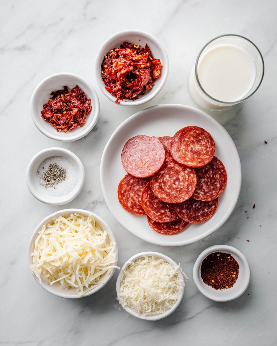 The image shows a white marbled surface with small white bowls arranged neatly, each holding ingredients for a pizza. In the center, a white plate is filled with round slices of red pepperoni. Around it, there are bowls containing red chili flakes, shredded white cheese, grated cheese, tomato sauce, black pepper, and white seasonings, all with textures varying from fine powders to shredded pieces. Each bowl is set evenly spaced, creating a clean and organized look. A glass of milk is placed in the upper right corner. Photo taken with an iphone --ar 4:5 --v 7