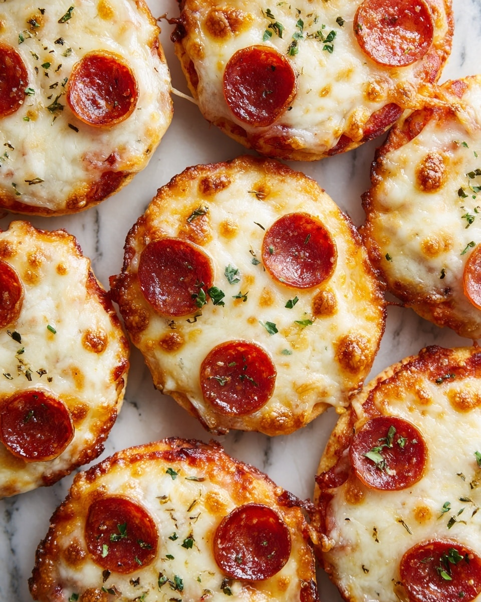 Small round pizzas are placed closely on a white marbled surface. Each pizza has a golden-brown crispy crust, topped with melted cheese that is bubbly and slightly browned around the edges. On top of the cheese, there is one shiny, reddish-brown pepperoni slice centered on each mini pizza. Some pizzas have tiny sprinkles of green herbs for garnish. The overall look is warm and inviting, showing a perfect mix of melted, slightly crispy cheese and spicy pepperoni. The photo taken with an iphone --ar 4:5 --v 7