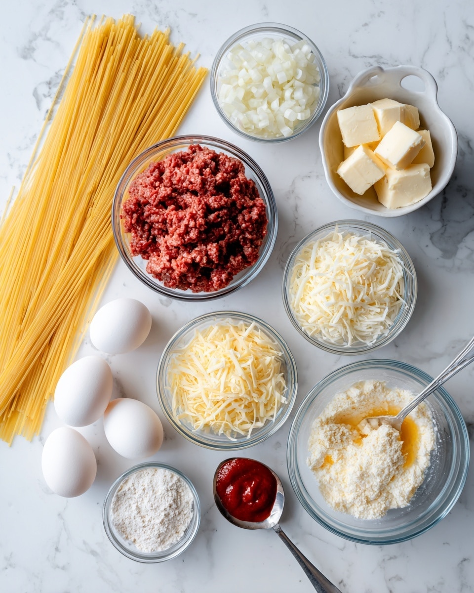 The image shows ingredients arranged neatly on a white marbled surface. There is a bundle of uncooked yellow spaghetti pasta on the left side. Several glass bowls hold different items: one with finely ground red raw meat, another with white chopped onions, a third with shredded pale yellow cheese, and a fourth with a spoon of red sauce. There are two white eggs placed side by side near the bowls. A small glass bowl with butter cubes, a white bowl with white flour, and a small bowl of grated pale yellow cheese are also visible. The photo was taken with an iphone --ar 4:5 --v 7