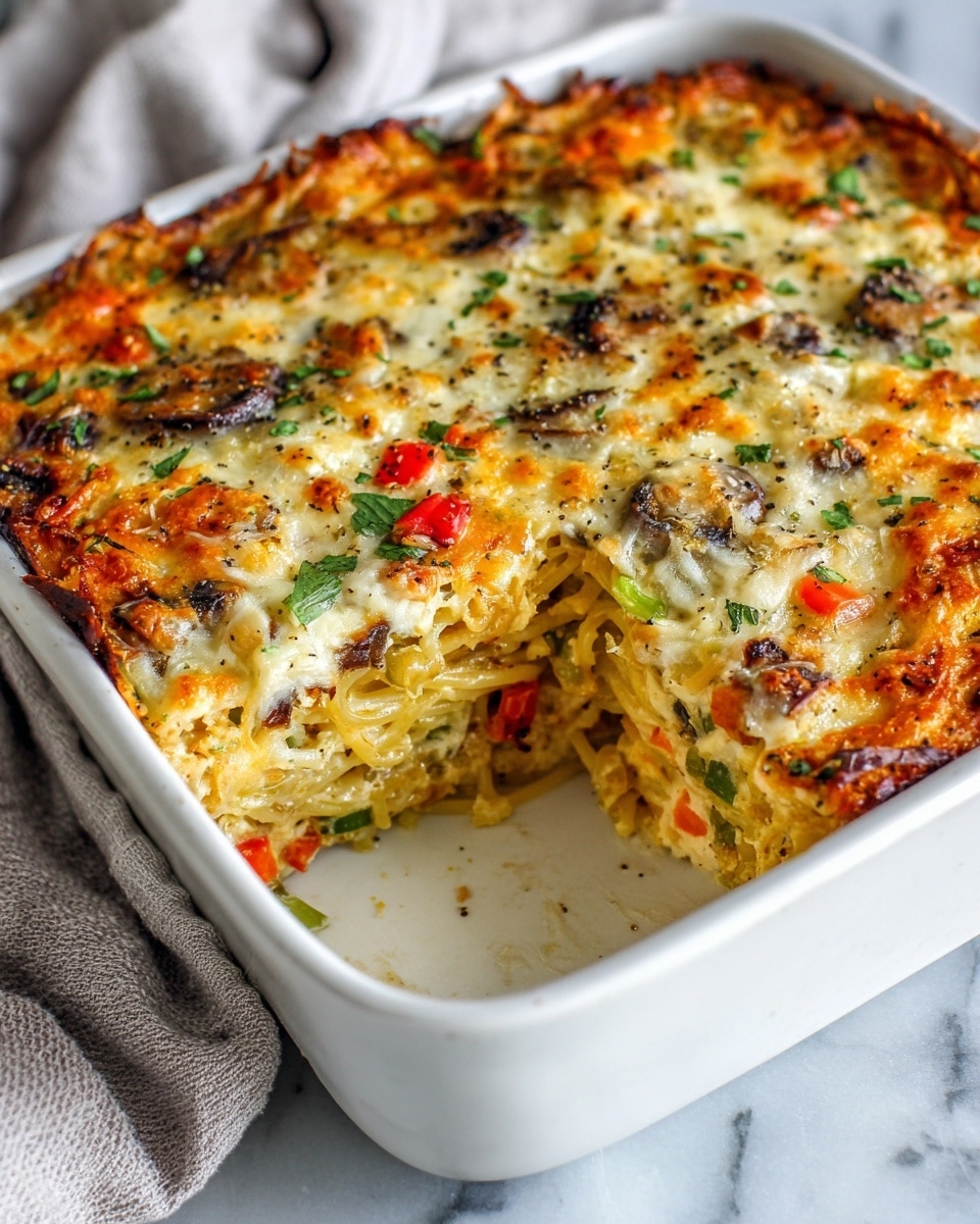 The image shows a close-up of a baked pasta casserole in a white ceramic dish with one corner portion removed, revealing thick spaghetti noodles mixed with colorful small diced red and green vegetables and pieces of mushrooms. The top layer is covered in melted golden-yellow cheese dotted with fresh green herb leaves and black pepper, creating a textured and slightly crispy look. The casserole rests on a white marbled surface with a light gray cloth placed beside the baking dish. Photo taken with an iphone --ar 4:5 --v 7