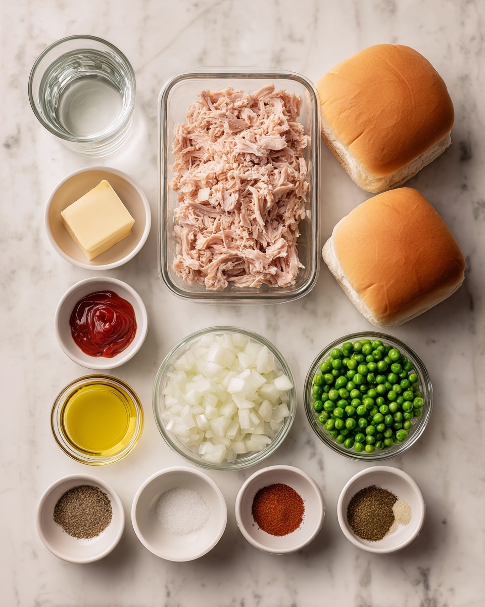 A top-down view of ingredients for a sandwich or burger arranged neatly on a white marbled surface, including two soft golden brown buns in the top right, a rectangular container filled with light pink shredded meat in the center, a small clear bowl with bright green peas to the right of the meat, and several small white bowls arranged below with chopped white onions, a small square of butter, a clear bowl with yellow olive oil, various spices in small white bowls including one with a red powder, and another with a brown powder, plus a small glass bowl filled with red sauce near the top left. A clear glass cup with water is also visible in the top left. All ingredients are clear and well spaced for easy view, photo taken with an iphone --ar 4:5 --v 7