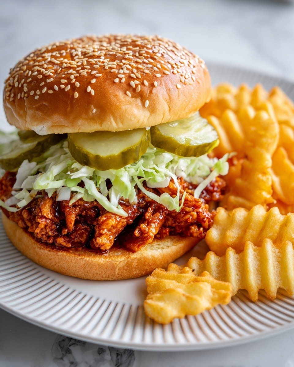 A close-up view of a sandwich on a white plate with ridged edges, placed on a white marbled surface. The sandwich has a top sesame seed bun that is golden brown and shiny. Under the bun, there are two green pickle slices. Below the pickles, shredded pale green cabbage mixed with small green leaves is visible. The main filling is crispy fried chicken coated in a reddish sauce, piled thickly on the bottom bun. Next to the sandwich, there is a generous pile of golden-yellow crinkle-cut fries, with a slightly browned texture. photo taken with an iphone --ar 4:5 --v 7