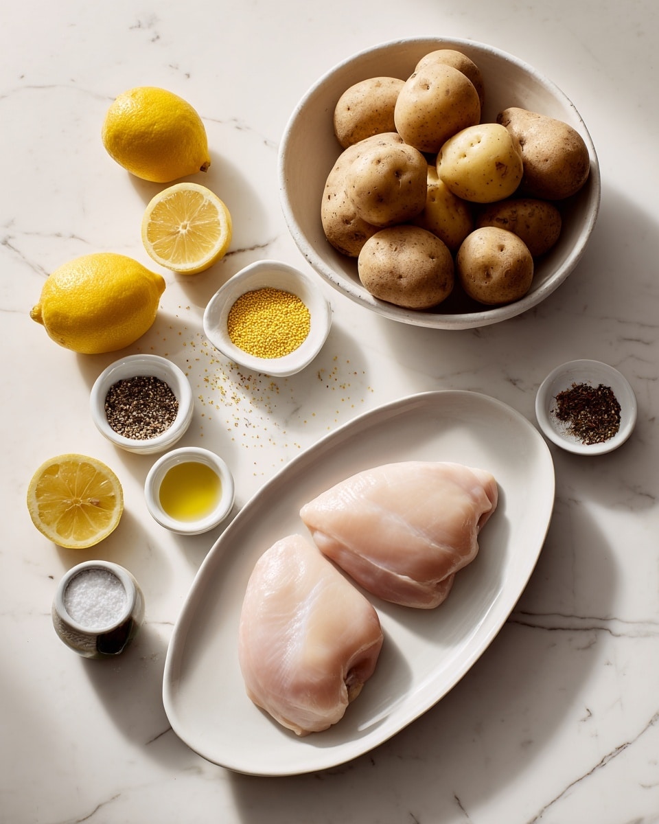 The image shows a white oval plate with two raw chicken pieces, light pink in color and smooth texture, placed near the bottom right. Above the plate, there is a white bowl filled with round, light brown potatoes with rough skin. On the white marbled surface around the plate and bowl, several ingredients are scattered: whole yellow lemons and lemon halves with bright yellow flesh at the bottom left, a small white bowl with a dark sauce near the bottom edge, a tiny white bowl containing yellow mustard seeds close to it, and white bowls with coarse salt, brown pepper, and liquid golden oil arranged between the potatoes and lemons. The scene is bright and clean. photo taken with an iphone --ar 4:5 --v 7