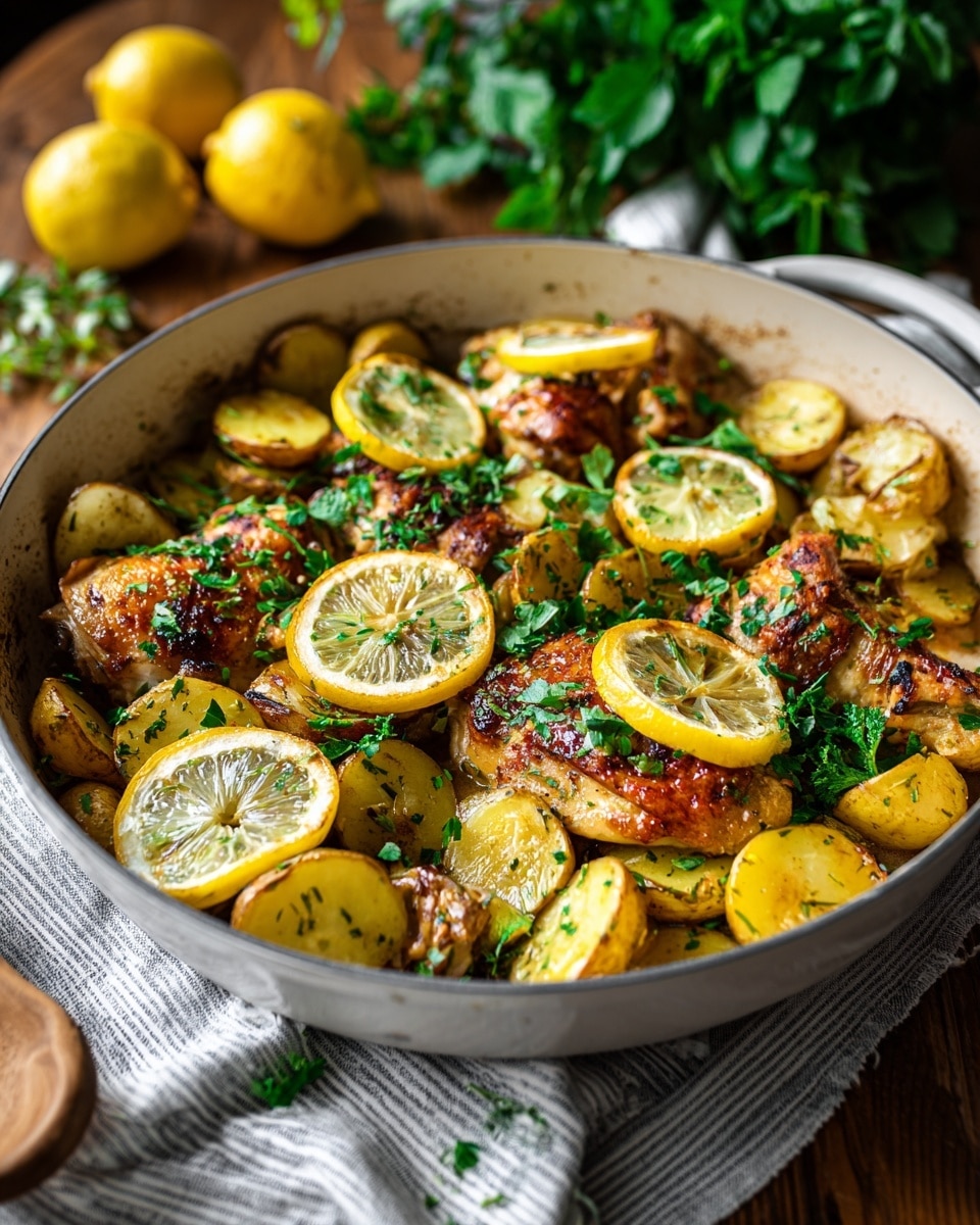 Inside a large, white round pan, there are golden-brown roasted pieces of chicken layered on top of halved, yellow roasted potatoes with a slightly crispy texture. Thin yellow lemon slices are spread evenly on top and around the chicken and potatoes, adding bright color. Fresh green chopped herbs are sprinkled all over the dish, giving a fresh and vibrant look. The pan sits on a gray striped cloth on a wooden table with blurred yellow lemons and green leafy herbs in the background. The photo taken with an iphone --ar 4:5 --v 7