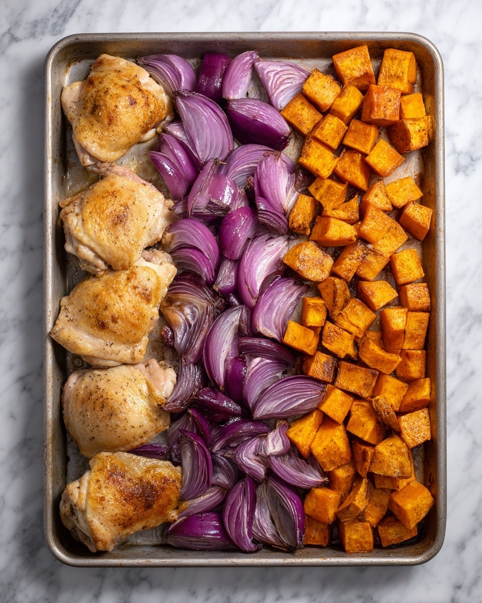 The image shows a baking tray filled with three layers of food arranged side by side. On the left, there are several cooked golden-brown chicken thighs with a slightly crispy texture. In the middle, there are thick slices of purple-red onions, layered closely together showing their shiny, smooth surface. On the right, there are cubes of roasted sweet orange sweet potatoes, with a slightly browned and soft texture. The tray is placed on a white marbled surface. photo taken with an iphone --ar 4:5 --v 7