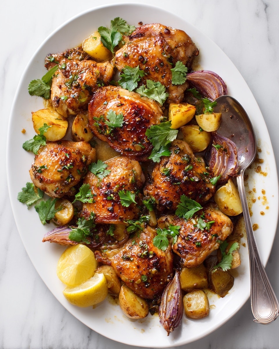 A white oval plate holds eight golden browned cooked chicken thighs with a slightly shiny, spicy glaze. Mixed in are roasted red onion wedges with a soft translucent look and small roasted potato pieces with a light char. Bright green cilantro leaves are scattered over the chicken and vegetables, adding a fresh touch. Two lemon wedges with bright yellow skin sit on the bottom left of the plate. A large silver spoon rests on the right side, touching the chicken and some sauce stains are visible on the plate. The background is a white marbled texture. Photo taken with an iphone --ar 4:5 --v 7