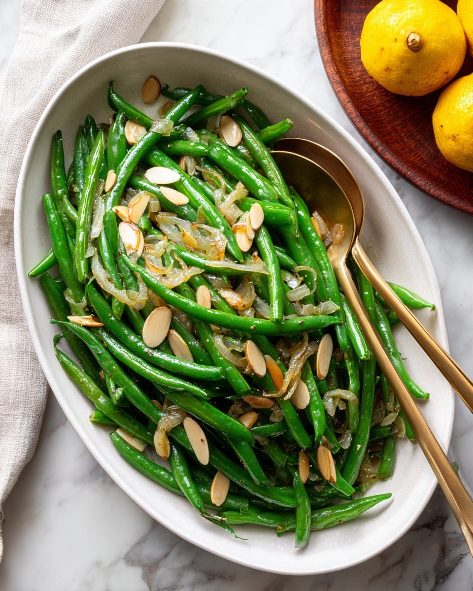 A white oval bowl is filled with bright green beans that look fresh and shiny, arranged loosely with some overlapping. On top of the green beans are thin, light brown almond slices scattered evenly, adding texture. Some small, translucent slices of shallots are mixed in with the green beans. Two gold serving spoons rest in the bowl, their handles angled toward the viewer, slightly buried among the green beans. The bowl sits on a white marbled surface, and part of a wooden plate with lemons on the right is visible in the background. Photo taken with an iphone --ar 4:5 --v 7
