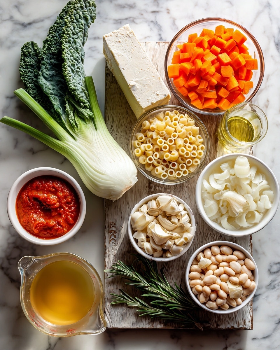 The image shows fresh cooking ingredients arranged on a white marbled surface, centered around a wooden board. There is a bunch of green kale leaves on the left side and a halved fennel bulb with feathery green stalks lying on the board. Next to the fennel is a block of firm, light beige tofu. A clear glass bowl filled with small orange carrot cubes sits near the top center. To the right, a white bowl contains dry small pasta rings. In the lower left corner, a clear measuring cup holds golden-colored broth, beside an open can with bright red crushed tomatoes and a small white tube of tomato paste. Near the center, a white bowl is filled with chopped white onions and another white bowl contains light beige cannellini beans. A small glass with golden olive oil and some garlic cloves are on the right side. Rosemary sprigs add a touch of green at the bottom. photo taken with an iphone --ar 4:5 --v 7