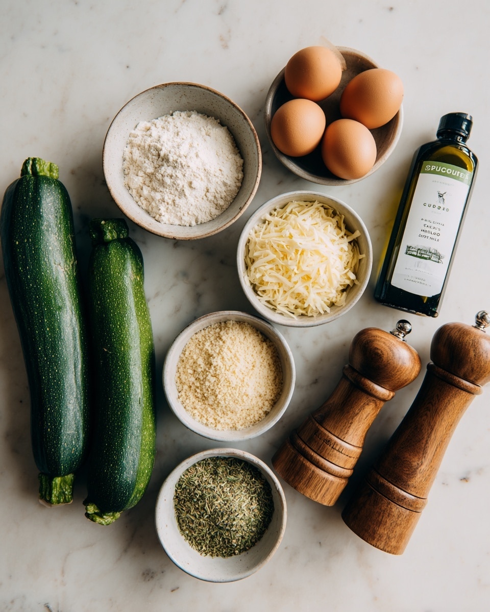The image shows three medium-sized green zucchinis aligned horizontally on the left side. To their right are five round white bowls with different ingredients: the top left bowl contains white flour, the bowl to its right holds light yellow grated cheese, the bottom left bowl is filled with light brown breadcrumbs, and the smaller bottom right bowl has green dried herbs. Above the bowls are two brown eggs placed side by side. On the far right, there is a white bottle of avocado oil with a green label, next to two tall wooden salt and pepper mills. All items are placed on a white marbled surface. photo taken with an iphone --ar 4:5 --v 7