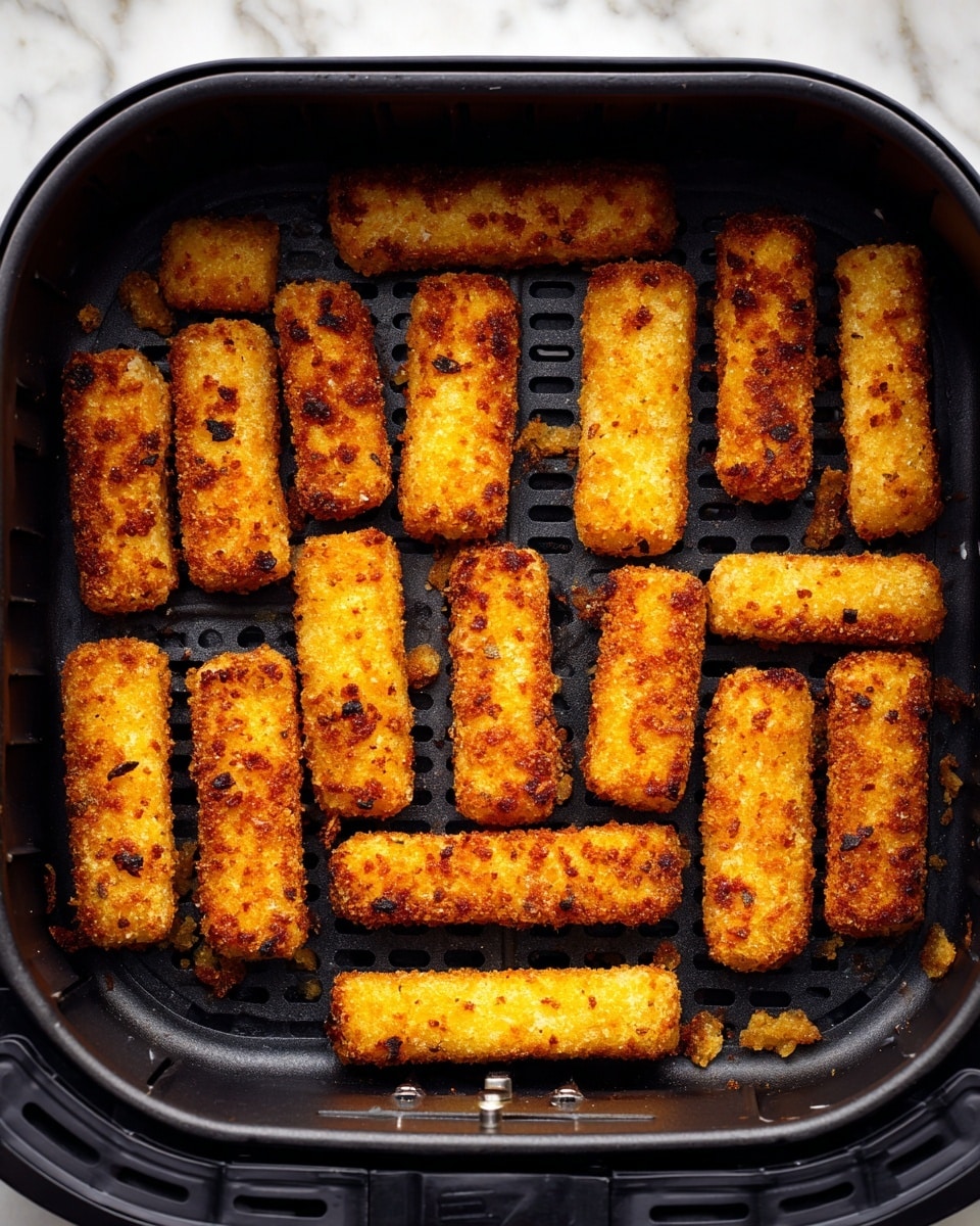 Inside a black air fryer basket with a grid pattern, there are sixteen breaded sticks arranged mostly in two rows. Each stick is golden brown with uneven darker brown spots, showing a crispy texture. The sticks are long and rectangular, with some dipped edges and irregular shapes. Small bits of crispy coating are scattered around the basket floor. The background surface has a white marbled texture. Photo taken with an iphone --ar 4:5 --v 7