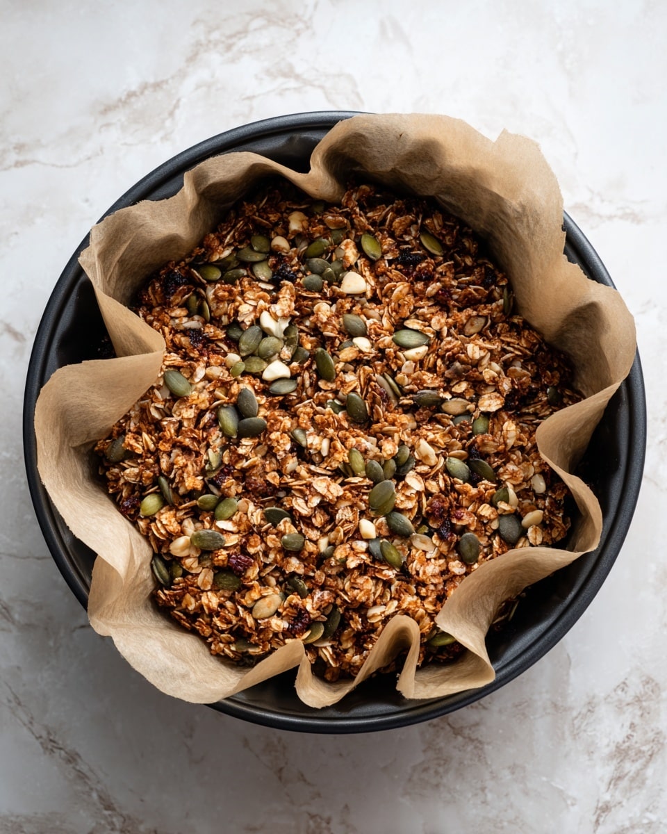 A round black air fryer basket lined with light brown parchment paper holds a layer of dark brown granola mixed with various seeds and nuts. The granola has a rough texture with visible clusters of oats, small light brown nuts, and scattered dark green pumpkin seeds. The parchment paper is crinkled around the edges, creating wavy folds that rise slightly above the granola layer inside the basket. The background surface under the basket shows a white marbled texture. photo taken with an iphone --ar 4:5 --v 7