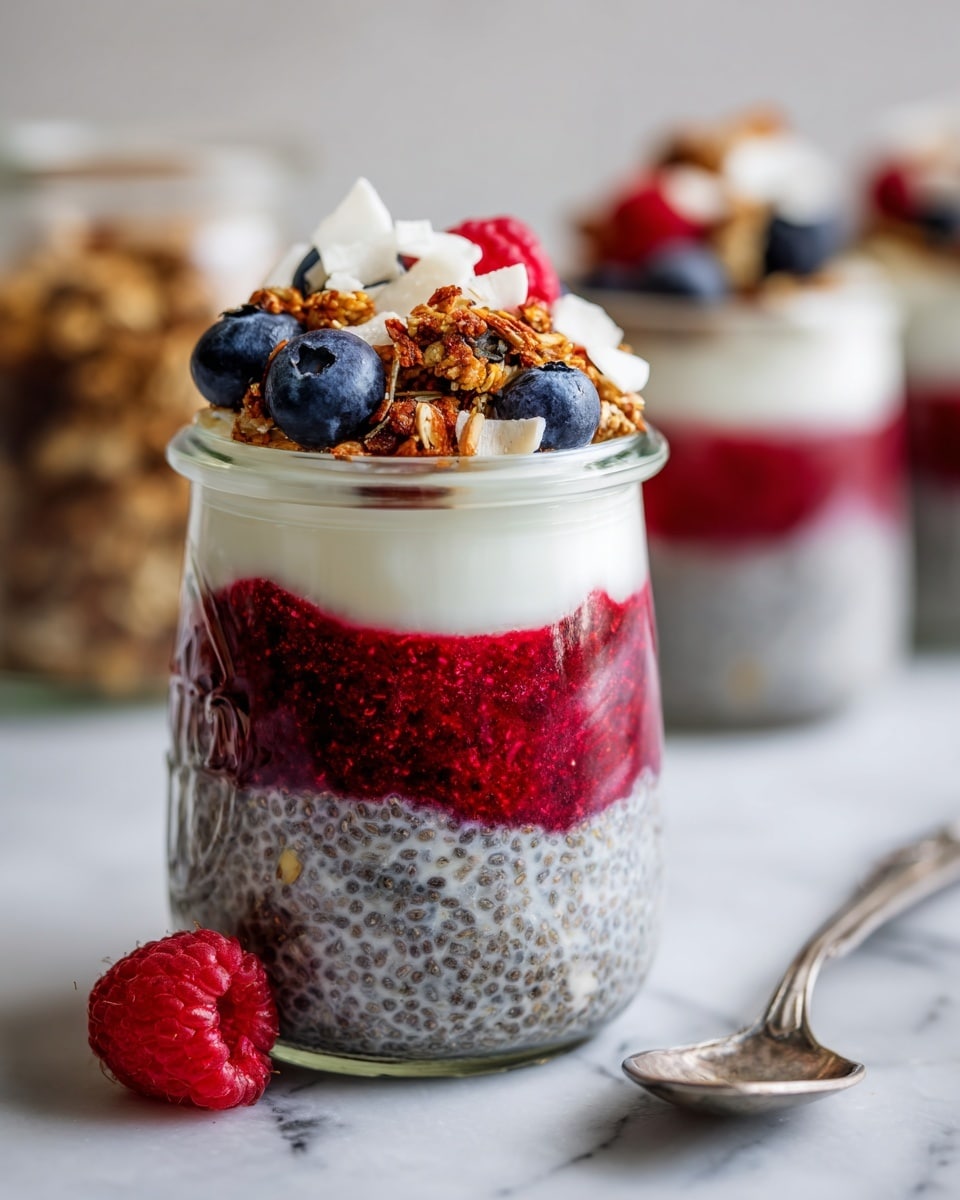 A clear glass jar shows four distinct layers starting from the bottom with a creamy, pale oatmeal base mixed with small oats and seeds, followed by a thick dark layer of chia seeds soaked in liquid, then a bright red raspberry puree layer, and topped with a smooth white yogurt layer. On top of the yogurt, there are crunchy granola pieces, fresh blueberries, raspberries, and white coconut chunks arranged in a scattered way. The jar is placed on a white marbled surface with a loose raspberry in the front and a spoon beside the jar. In the background, a blurred jar of granola and another similar jar of the layered dessert are visible. Photo taken with an iphone --ar 4:5 --v 7