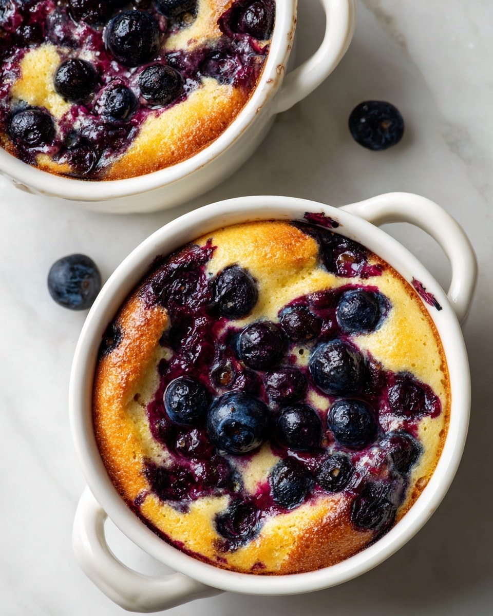 The image shows two white round ceramic dishes on a white marbled surface, each filled with a baked blueberry dessert. The dessert has one main layer that is golden brown with a slightly rough texture, topped with scattered dark purple blueberries that have released juices, creating streaks of deep purple across the surface. The blueberries are mostly on the upper half of the dish closest to the center, with some spreading outwards. The dishes have small handles and the overall look is warm and inviting. Photo taken with an iphone --ar 4:5 --v 7