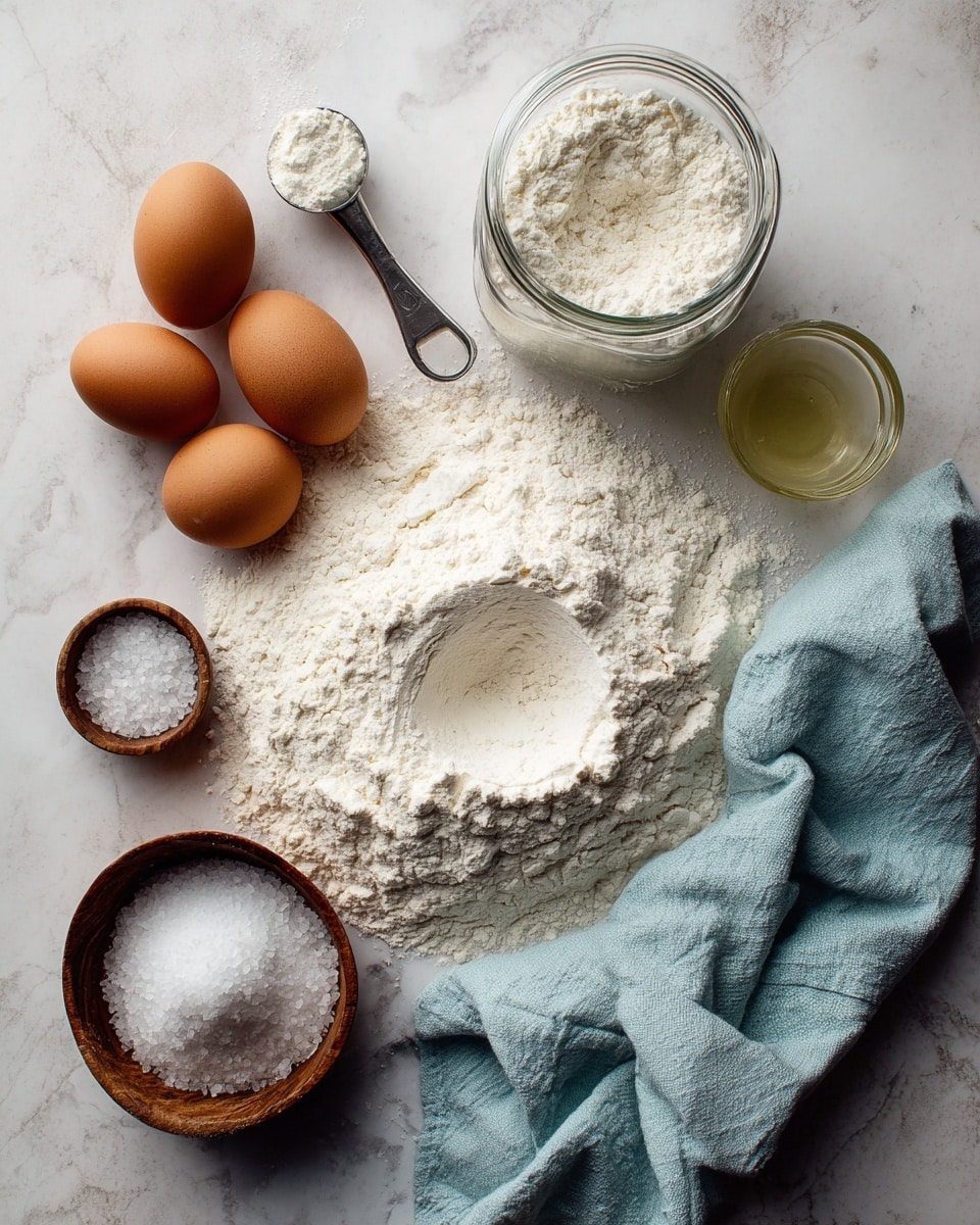 The image shows a white marbled surface with baking ingredients arranged on it. There is a heap of white flour with a small well in the center placed slightly to the right. To the top left is a glass jar filled with more flour and a metal measuring cup inside it. Below the jar, three brown eggs are grouped together. To the bottom left side, a small wooden bowl holds white salt, and next to it is a light blue cloth carefully folded. Toward the top right, a small glass container holds a pale yellow liquid, likely oil. The colors are soft and natural, with the focus on the simple baking ingredients spread neatly on the white marbled texture photo taken with an iphone --ar 4:5 --v 7
