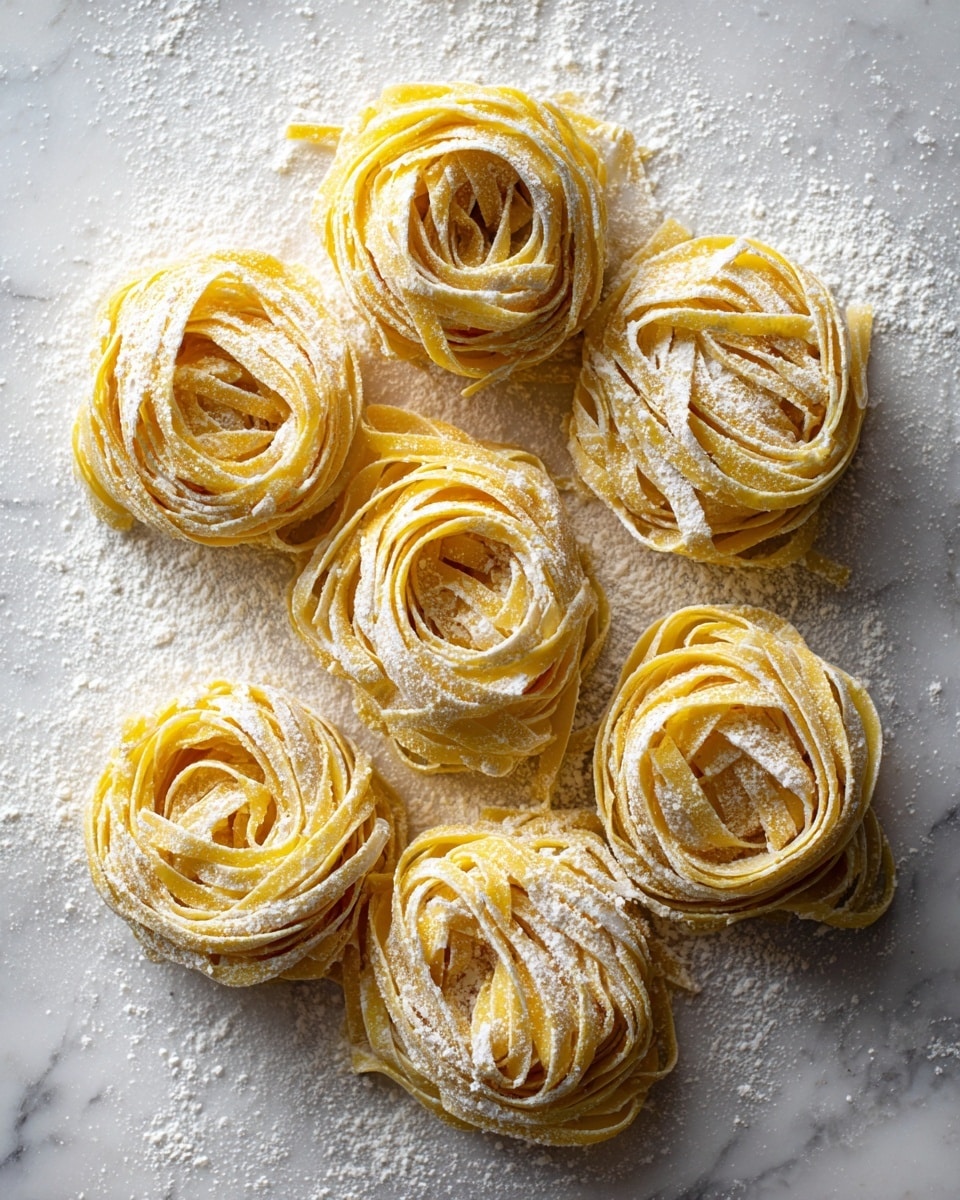 Eight nests of fresh homemade pasta with a yellow color dusted with white flour are placed in two vertical rows on a white marbled surface. Each nest shows soft, flat, long pasta strands loosely coiled into round bundles with some strands slightly sticking out, giving a textured, delicate look. The light dusting of flour adds a powdery contrast on the smooth pasta, making the scene look fresh and ready for cooking. Photo taken with an iphone --ar 4:5 --v 7