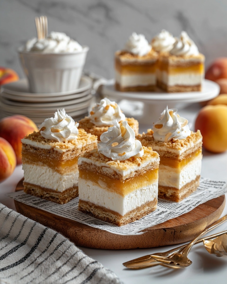 There are five square slices of a layered dessert stacked on a wooden board lined with newspaper print paper. Each piece has three layers: a light brown bottom crust, a thick creamy middle layer, and a top layer made of small golden crumbly pieces mixed with thin almond slices. One slice on top has a dollop of white whipped cream. The wooden board is placed on a white marbled surface. Nearby, there is a small white bowl with white cream, a stack of white plates with silver forks on a white and gray striped cloth, two clear drinking glasses, and two yellowish-red peaches photo taken with an iphone --ar 4:5 --v 7