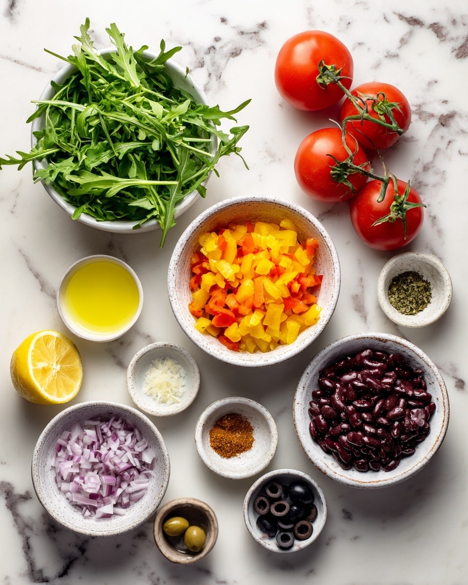 The image shows a white marbled surface with several small white bowls and some fresh ingredients arranged neatly. There is a bowl with dark red beans to the right, a bowl with chopped orange and yellow bell peppers near the center, and a bowl with fresh green arugula leaves to the left. Two whole red tomatoes are placed behind the bowls. In front of them are small bowls containing finely chopped light purple onion, a light brown spice, a darker brown spice, a yellow paste, two small black olives, and some minced garlic. On the left side, a lemon and a small bowl with light yellow liquid are also visible. All items are clearly separated and positioned on a clean white marbled background. Photo taken with an iphone --ar 4:5 --v 7