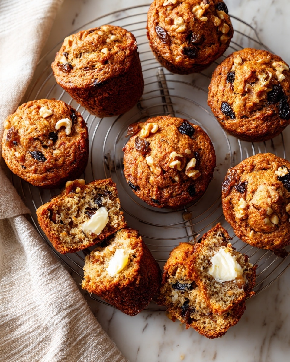Nine golden-brown muffins sit on a silver cooling rack over a white marbled surface. The muffins are thick and textured, filled with dark raisins and chopped walnuts scattered on top and visible inside. Two muffins are broken open to show a moist, speckled orange-brown crumb with bits of nuts and raisins inside; one piece is spread with a creamy layer of butter. A soft beige and white striped cloth lies at the bottom left corner, adding a cozy touch to the scene. photo taken with an iphone --ar 4:5 --v 7