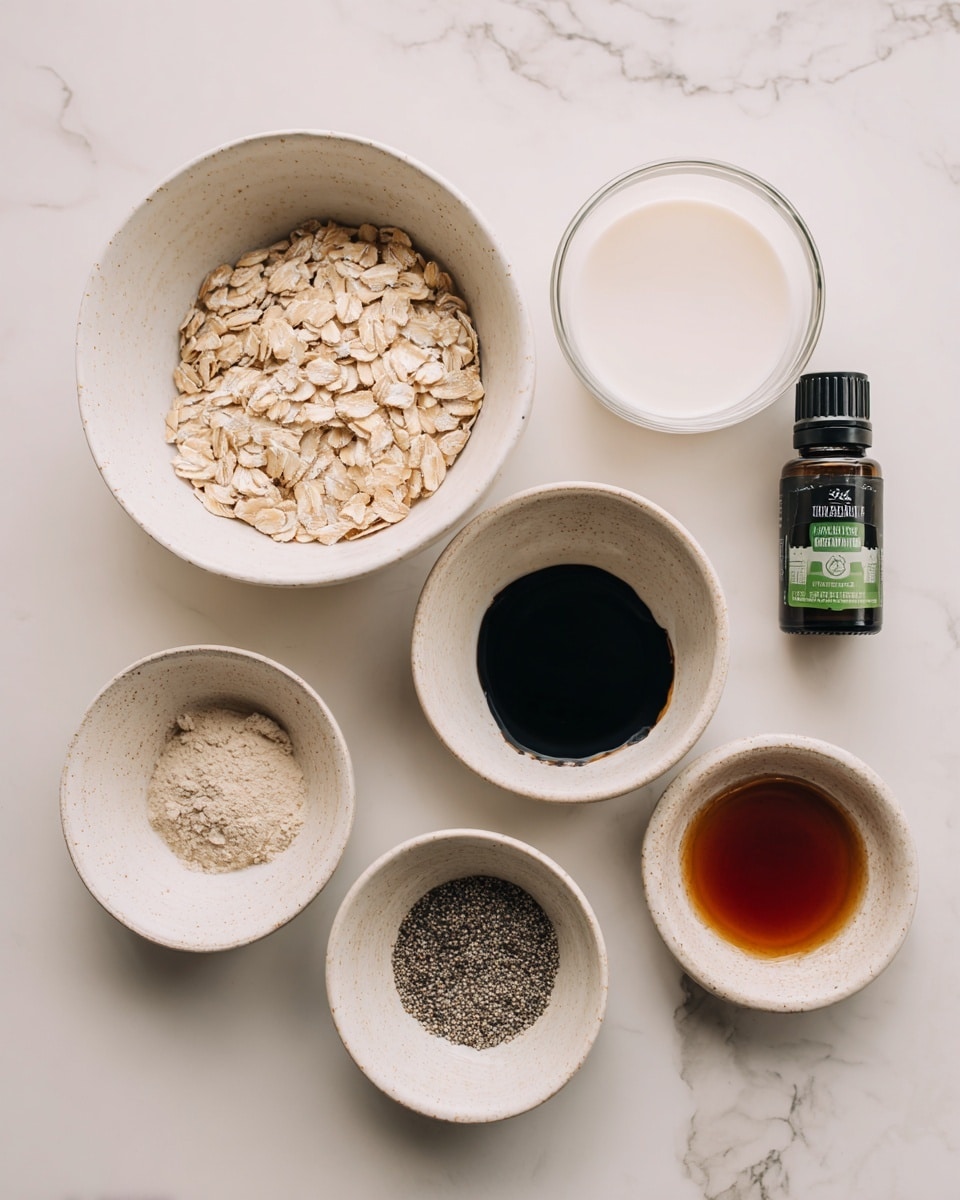 The image shows six small white bowls and a small bottle arranged on a white marbled surface. One bowl is filled with light beige rolled oats, another has shiny black liquid, and a third holds a milky white liquid in a clear glass cup. A white bowl contains a white creamy substance with a smooth texture. Another white bowl has a mix of brown powder and tiny black seeds, while the last bowl holds a dark reddish liquid. The small bottle is dark green with a black cap and has a green and white label. photo taken with an iphone --ar 4:5 --v 7