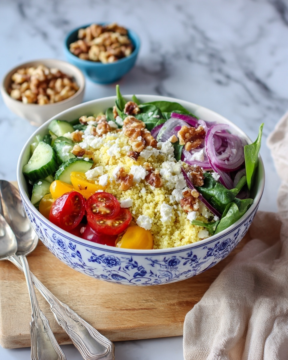 A white bowl with blue floral patterns is filled with a colorful couscous salad. The bottom layer is light yellow couscous grains, mixed with chopped green cucumber and slices of purple onion. Scattered on top are bright red and yellow cherry tomatoes, fresh green spinach leaves, and a generous layer of white crumbled cheese. Pieces of light brown walnuts are sprinkled over the cheese, adding texture. The bowl is placed on a wooden board over a white marbled surface. Next to it are two silver spoons on a beige cloth napkin, and a small blue bowl of walnuts nearby. Photo taken with an iphone --ar 4:5 --v 7