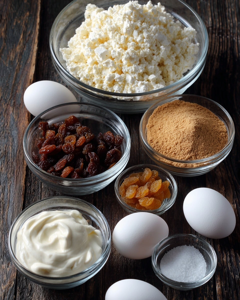 The image shows six clear glass bowls and three white eggs arranged on a dark wooden surface. The largest bowl in the back contains white crumbly cheese with a grainy texture. In front of it, there are smaller bowls: one full of light brown powder, another with golden-brown raisins, one with smooth white cream, and a tiny bowl with fine white salt. Three whole white eggs are placed near the bowls. The dark wood surface contrasts with the clear glass and white ingredients, emphasizing the natural colors and textures of each item. photo taken with an iphone --ar 4:5 --v 7