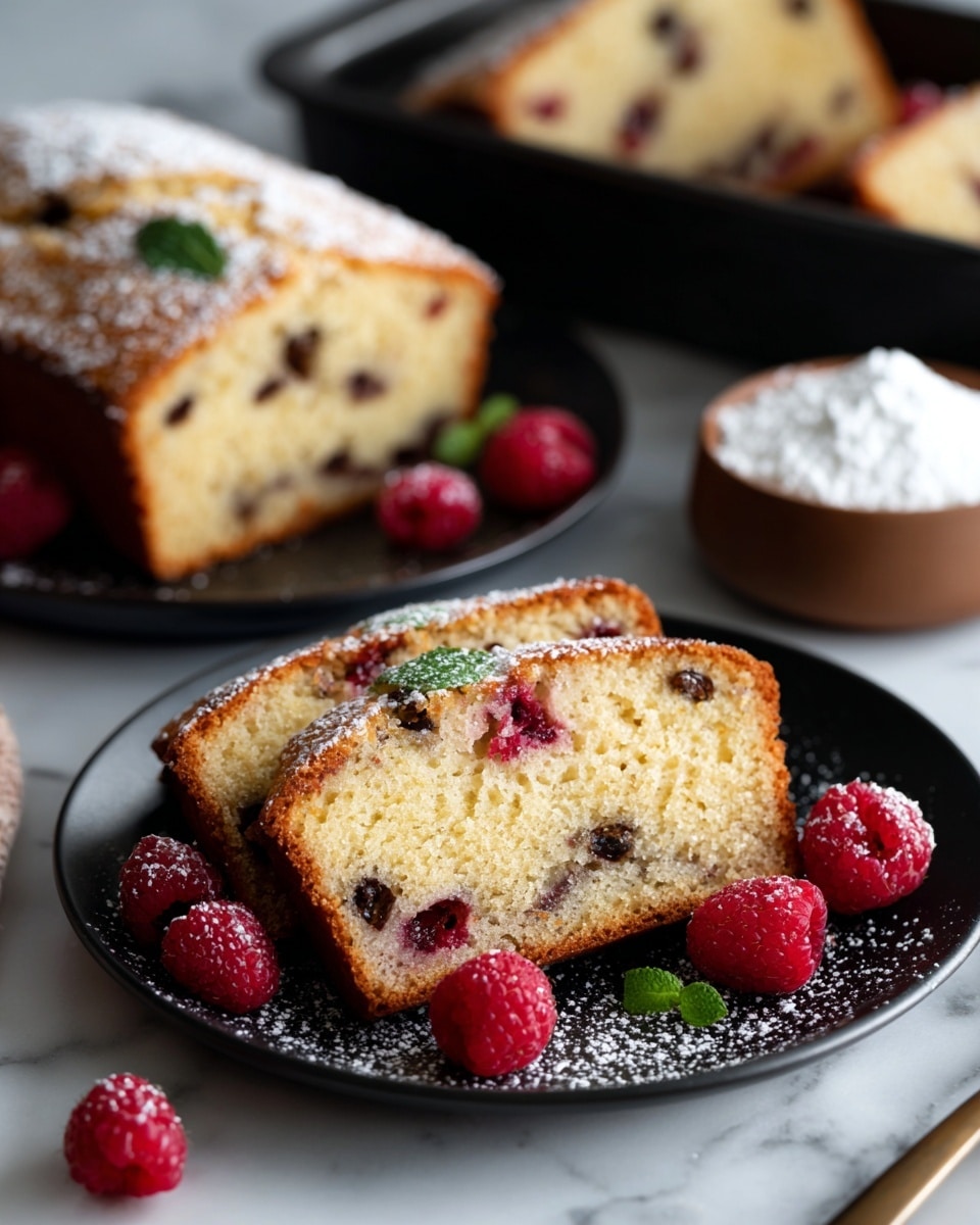 The image shows a round, golden-brown baked cake with a slightly puffed and uneven top layer. The cake’s texture looks light and fluffy with small browned spots and a dusting of powdered sugar on top. In the center of the cake, there is a heap of fresh red raspberries, adding a vibrant splash of color against the golden baked surface. The cake is placed inside a round black pan on a wooden board, with a small black bowl of raspberries and a metal strainer with powdered sugar to the side. The whole scene is set on a white marbled surface with a brown cloth loosely draped nearby. Photo taken with an iphone --ar 4:5 --v 7