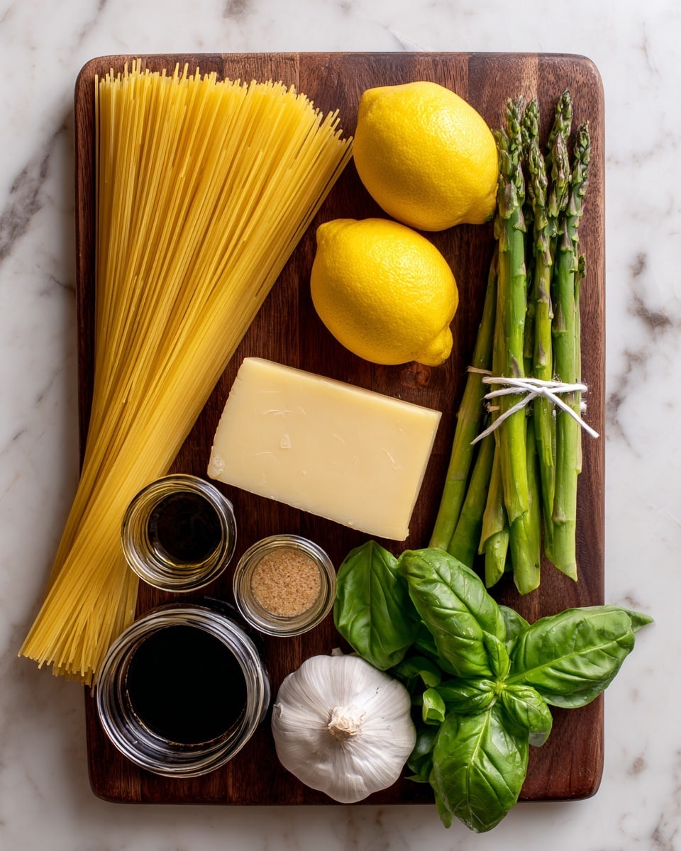 The image shows a dark wooden board on a white marbled surface holding several cooking ingredients arranged neatly. There is a bundle of uncooked yellow spaghetti standing upright on the left side, next to a rectangular piece of pale yellow cheese placed flat in the center-upper part. Two bright yellow lemons sit in the top right corner near a bunch of green asparagus tied with a white string. Below the cheese is a small jar filled with dark liquid, and to its left, a smaller jar with light brown contents. Fresh green basil leaves are spread at the center-bottom, while a whole white garlic bulb rests in the bottom right corner. photo taken with an iphone --ar 4:5 --v 7