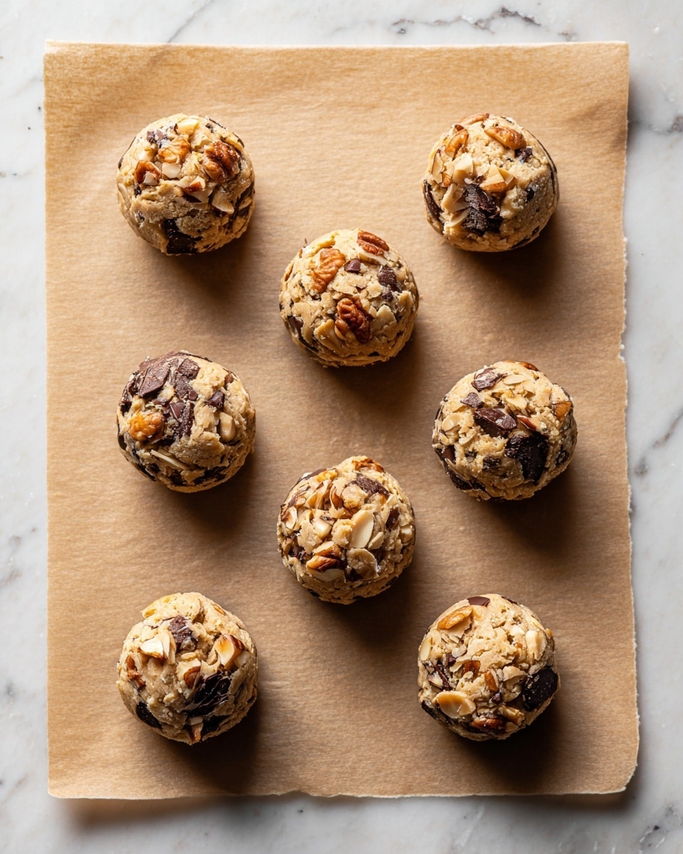 Six round cookie dough balls sit spaced out in two columns on light brown baking paper placed over a white marbled surface. Each cookie dough ball is light brown with visible dark chunks of chocolate and pieces of golden brown nuts embedded on top, showing a rough texture. The balls are slightly raised, about one layer thick, with uneven surfaces, and the scene is lit softly from above. photo taken with an iphone --ar 4:5 --v 7