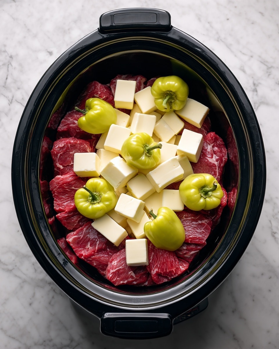 A slow cooker contains a single layer of raw red meat at the bottom, topped with a layer of white cubed butter spread evenly across the surface. On top of the butter, there are five yellow-green pepper-like vegetables arranged with some spacing between them. The cooker is black with two small handles on each side. The background is a white marbled texture. Photo taken with an iphone --ar 4:5 --v 7