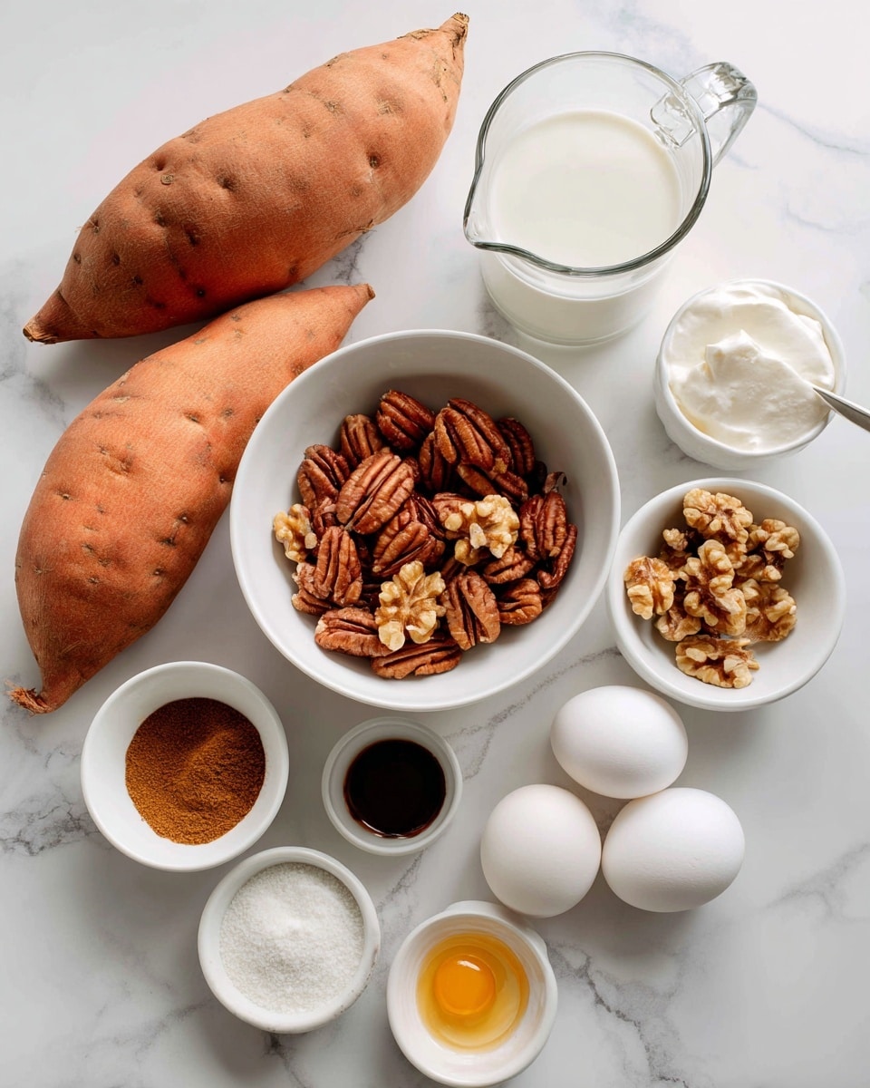 The image shows various ingredients arranged neatly on a white marbled surface. There are three large orange sweet potatoes on the bottom left. Above them is a small glass pitcher filled with milk. In the center are two white bowls, one filled with whole pecans that are brown and shiny, and the other with walnut halves that are rough and light brown. Surrounding these bowls are smaller white bowls containing different ingredients: a bowl with a dark brown powder (likely cinnamon), a bowl with a dark syrup, a bowl with white granulated substance, and two white eggs placed on the right side. Near the bottom center, there is a small dollop of white yogurt or cream and a small amount of golden syrup. The setup is bright and clean, emphasizing the natural colors and textures of the ingredients. photo taken with an iphone --ar 4:5 --v 7