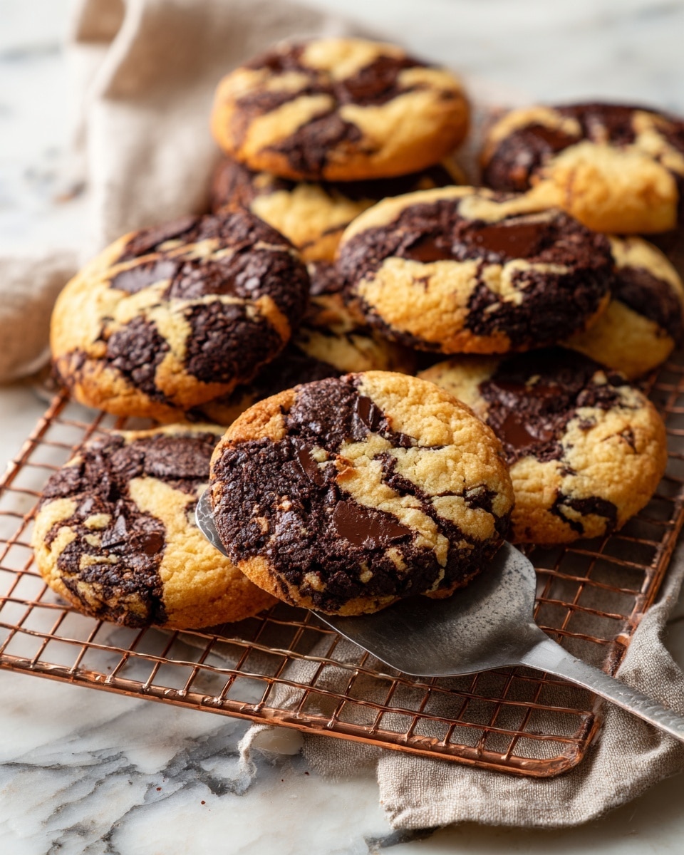 The image shows a group of round cookies with a golden brown base speckled with large, dark chocolate patches swirled unevenly throughout each cookie. The cookies are placed on a copper-colored cooling rack set on a white marbled surface. The cookies appear thick and soft with a slightly crisp edge, each one having a unique pattern of dark chocolate areas on top. There is a metal spatula holding one cookie in the foreground, resting partly on the cooling rack, with a light beige cloth casually draped nearby. The colors are warm and inviting with a mix of golden browns and rich dark chocolate. photo taken with an iphone --ar 4:5 --v 7
