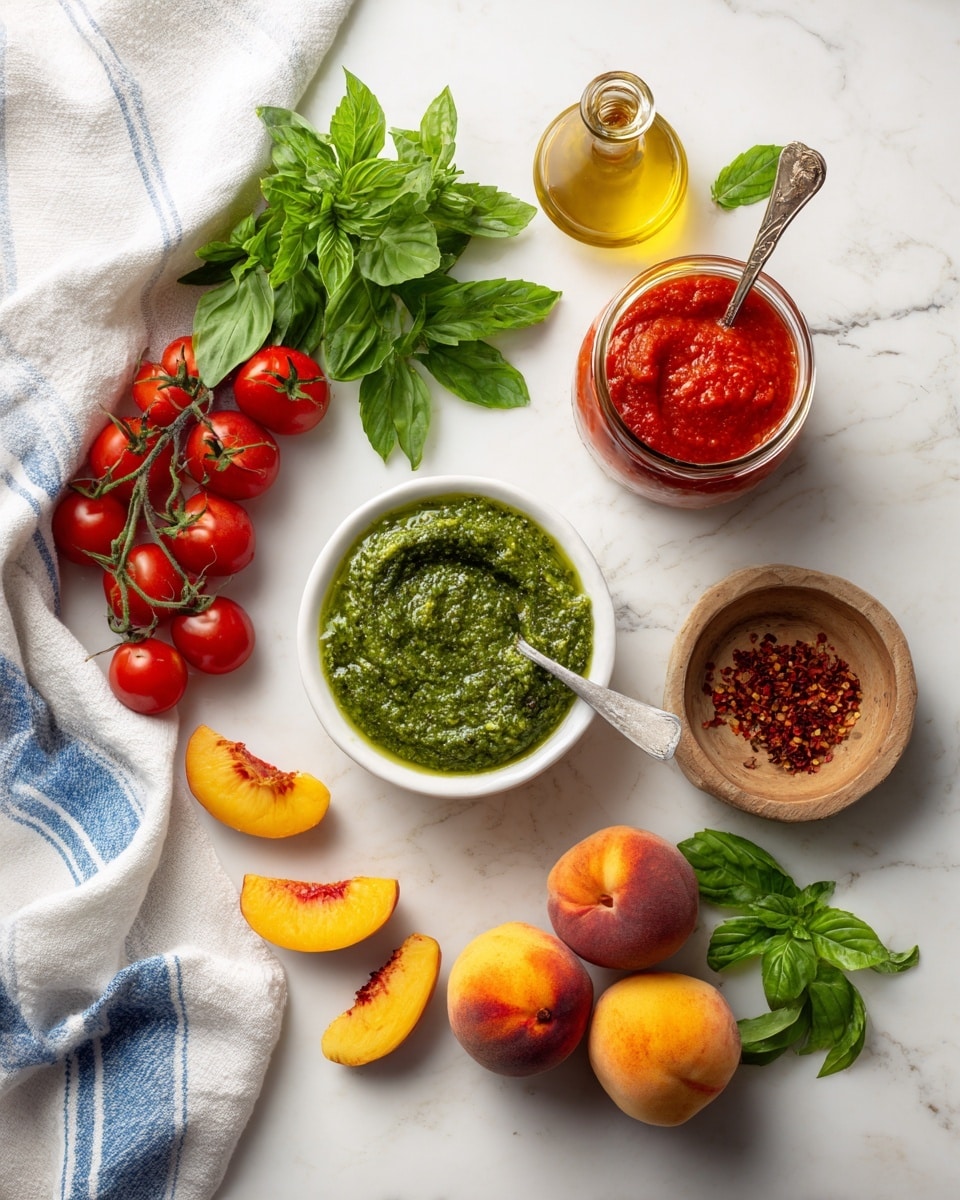 The image shows a white marbled surface with a variety of fresh ingredients arranged neatly. At the top center, there is a glass jar containing roasted red peppers in oil, displaying bright red and shiny textures. To the right, a white bowl holds a smooth red sauce with a spoon inside. Below the bowl, a glass jar is filled with thick green pesto sauce with a spoon resting in it. Scattered around the center are three whole peaches with soft yellow and red tones, alongside three peach slices with smooth yellow and red skin. On the left side, a bunch of bright red cherry tomatoes on the vine is placed next to fresh green mint and basil leaves. A small round wooden dish holds crushed red pepper flakes. Nearby, there is a small glass bottle of golden olive oil. A white towel with blue stripes lies at the top left, adding a touch of softness to the clean, fresh setting. photo taken with an iphone --ar 4:5 --v 7
