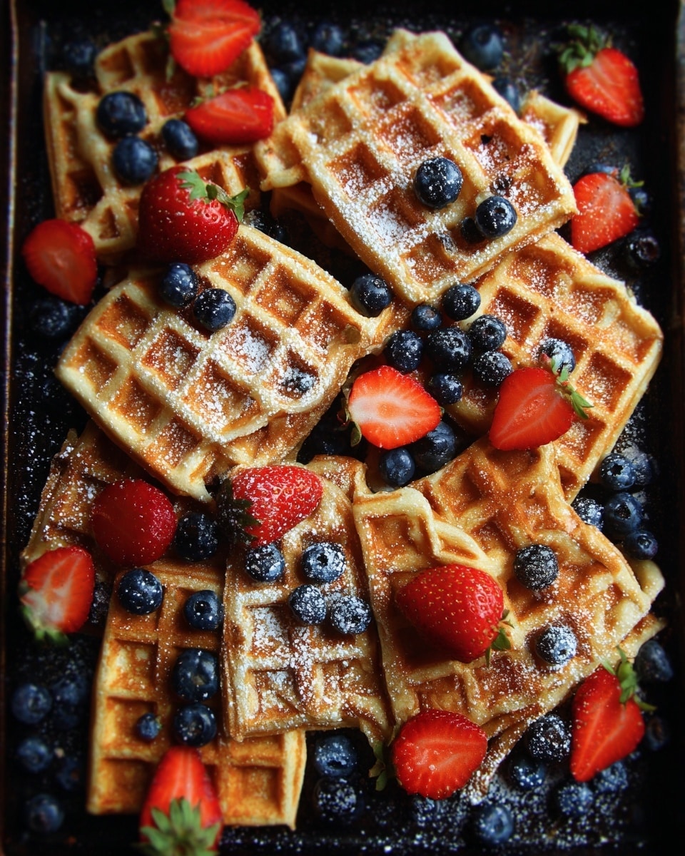 The image shows many small golden-brown waffles with a crisp texture, each piece dusted with powdered sugar. The waffles are placed close together on a tray with a dark surface, scattered among fresh blueberries and sliced red strawberries with green leaves attached. The bright fruits add color contrast to the warm, soft tones of the waffles. photo taken with an iphone --ar 4:5 --v 7
