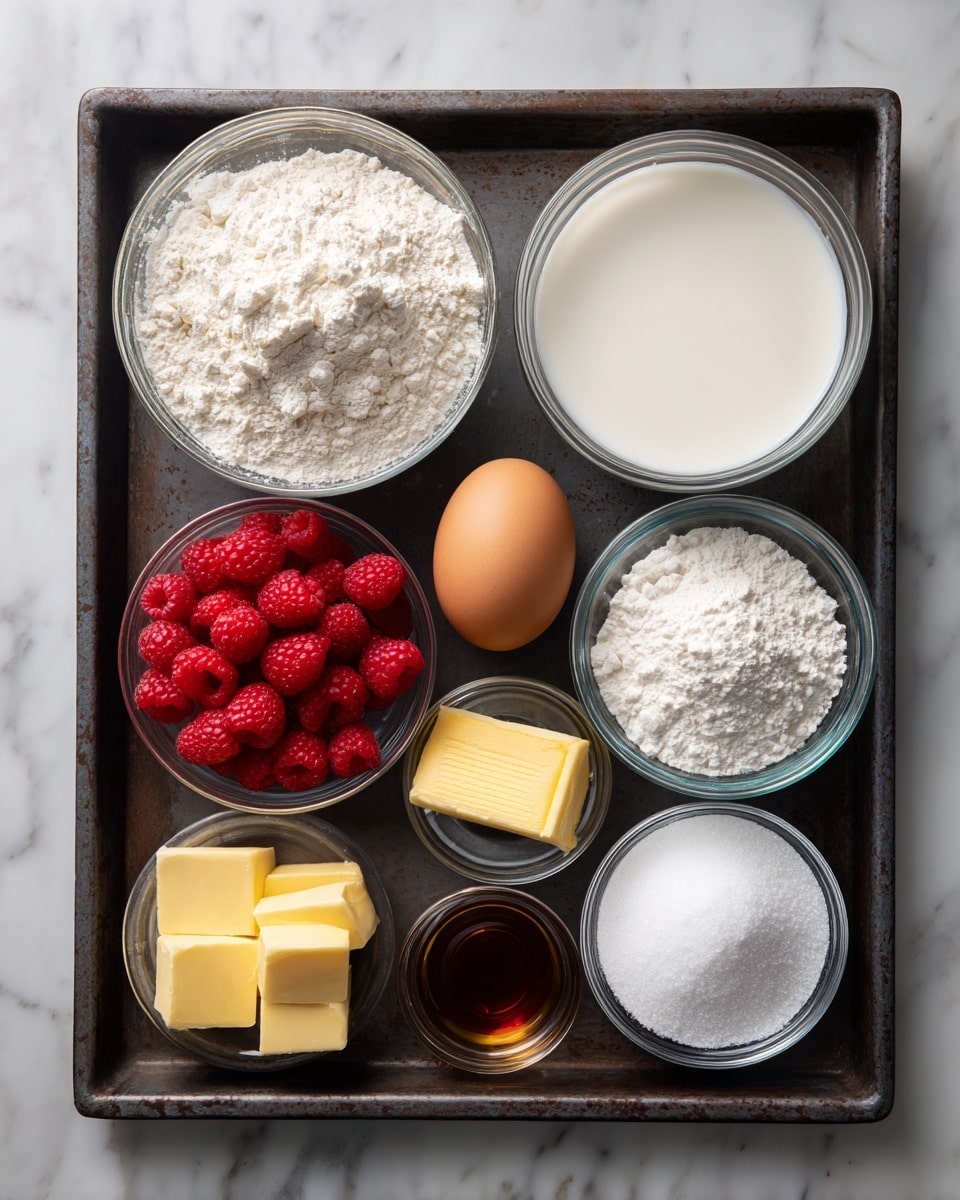 A dark metal tray holds eight small clear glass bowls and one brown egg arranged in two rows. The top row from left to right has a bowl filled with white flour, the brown egg beside a bowl with white milk, and a bowl filled with bright red raspberries. The bottom row from left to right has a bowl full of white sugar, a small bowl with white baking powder, a small bowl with a yellow stick of butter, and a bowl filled with white salt. In front of these bowls is a small bowl with brown vanilla extract. The tray is set on a white marbled surface photo taken with an iphone --ar 4:5 --v 7