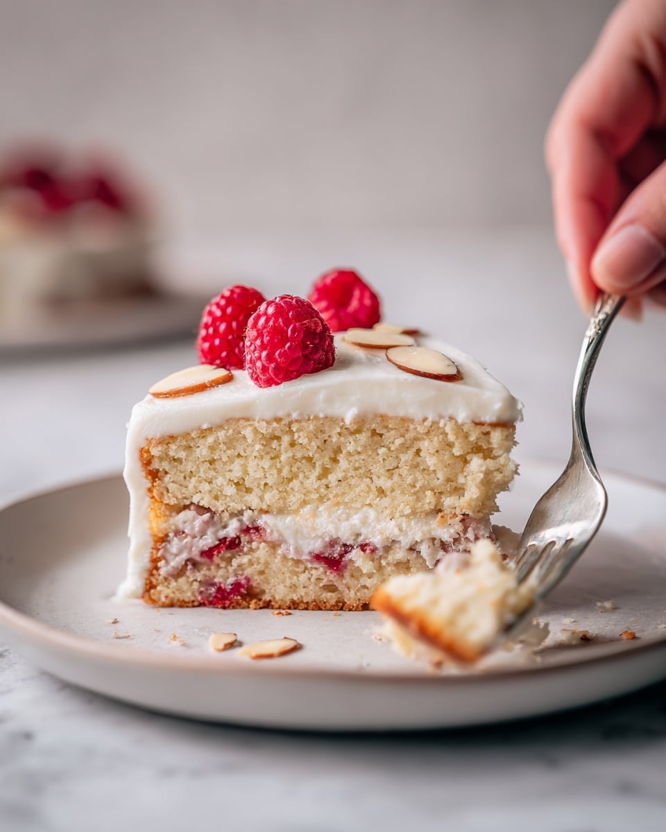 The image shows a close-up of a single slice of moist cake on a white plate against a white marbled background. The cake has two visible layers: the bottom layer is a light golden color with bits of red fruit inside, and the top layer is covered with a smooth white cream. On top of the cream, there are three fresh raspberries and a few almond slices scattered around them. A fork lies on the plate near the cake with a small piece of cake on its tines. A woman's hand holds the fork, gently lifting the piece toward the cake. The soft lighting highlights the texture of the cake and the freshness of the berries. Photo taken with an iphone --ar 4:5 --v 7