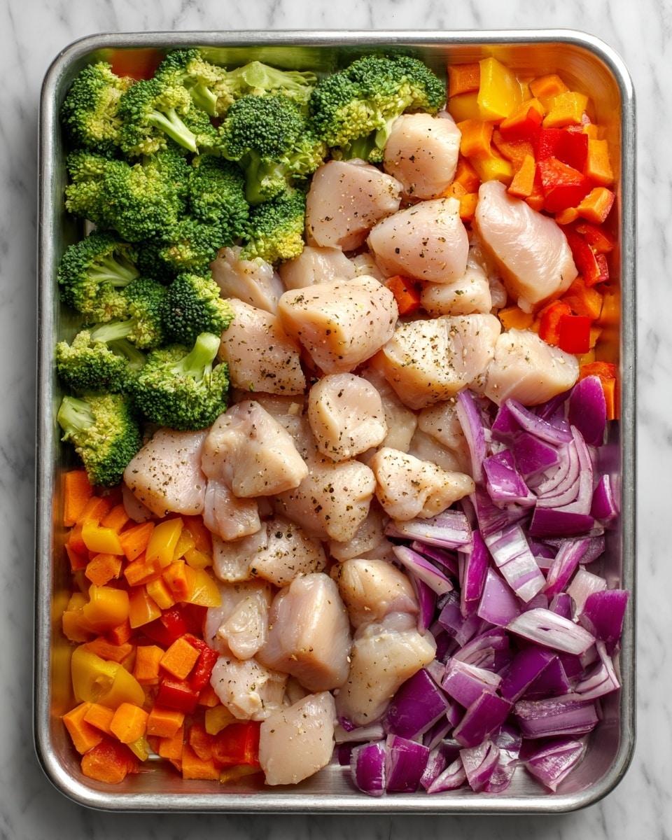 The image shows a metal tray filled with raw chicken pieces in the center, surrounded by colorful chopped vegetables. The vegetables include bright green broccoli florets, orange carrot slices, purple onion chunks, and red bell pepper strips, all scattered evenly around the chicken. The chicken pieces are light beige with a smooth texture and a sprinkle of black pepper. The tray is set on a white marbled surface that gives a clean, fresh background. photo taken with an iphone --ar 4:5 --v 7