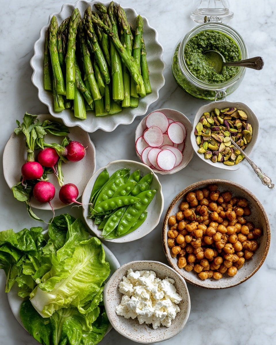 The image shows an overhead view of various fresh ingredients arranged on a white marbled surface. There are nine key groups of items: a large white bowl filled with bright green asparagus pieces at the top, a white scalloped plate holding green peas to the left, three whole radishes with red skin and white tips placed near the center, a small bowl with thinly sliced radish rounds slightly to the right, a clear glass jar with a green herb sauce and a spoon inside to the upper right, a small white bowl containing chopped pistachios right beside the sauce, a large white bowl full of roasted golden chickpeas on the lower right, a rustic speckled bowl with white crumbled cheese at the bottom left, and two layers of fresh leafy greens including basil leaves and bright green lettuce leaves positioned near the center bottom. Photo taken with an iphone --ar 4:5 --v 7