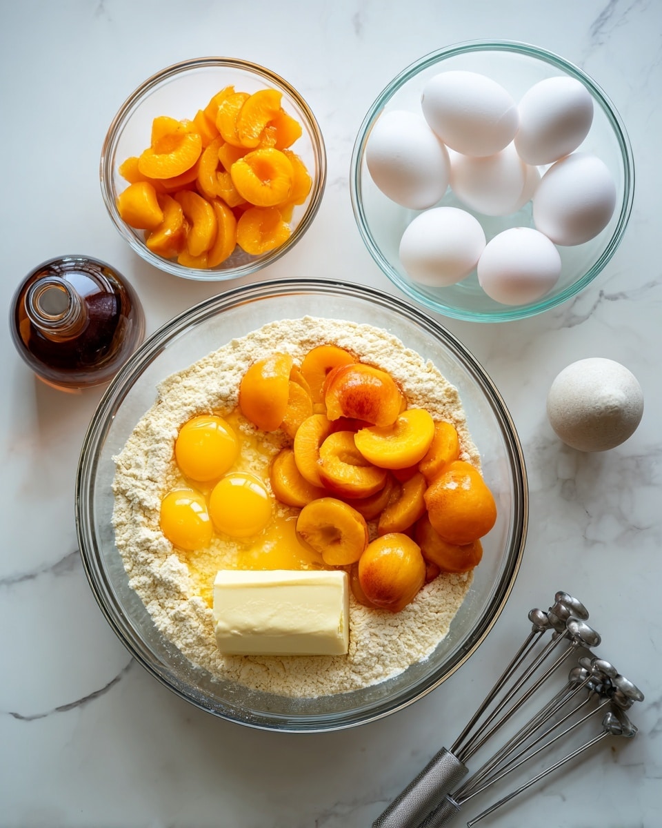 A large clear glass bowl sits in the center filled with several layers: at the bottom, a light beige flour, surrounded by a layer of yellow eggs with bright orange egg yolks, atop that a stick of pale yellow butter, and bright orange canned peach slices scattered on one side. Above the bowl, to the left, is a small clear glass bowl with more bright orange peach slices, and to the right, a clear glass bowl with empty white eggshells. Near the eggshell bowl is a small dark brown bottle. On the white marbled surface below the main bowl are electric mixer beaters and a set of measuring spoons. Photo taken with an iphone --ar 4:5 --v 7