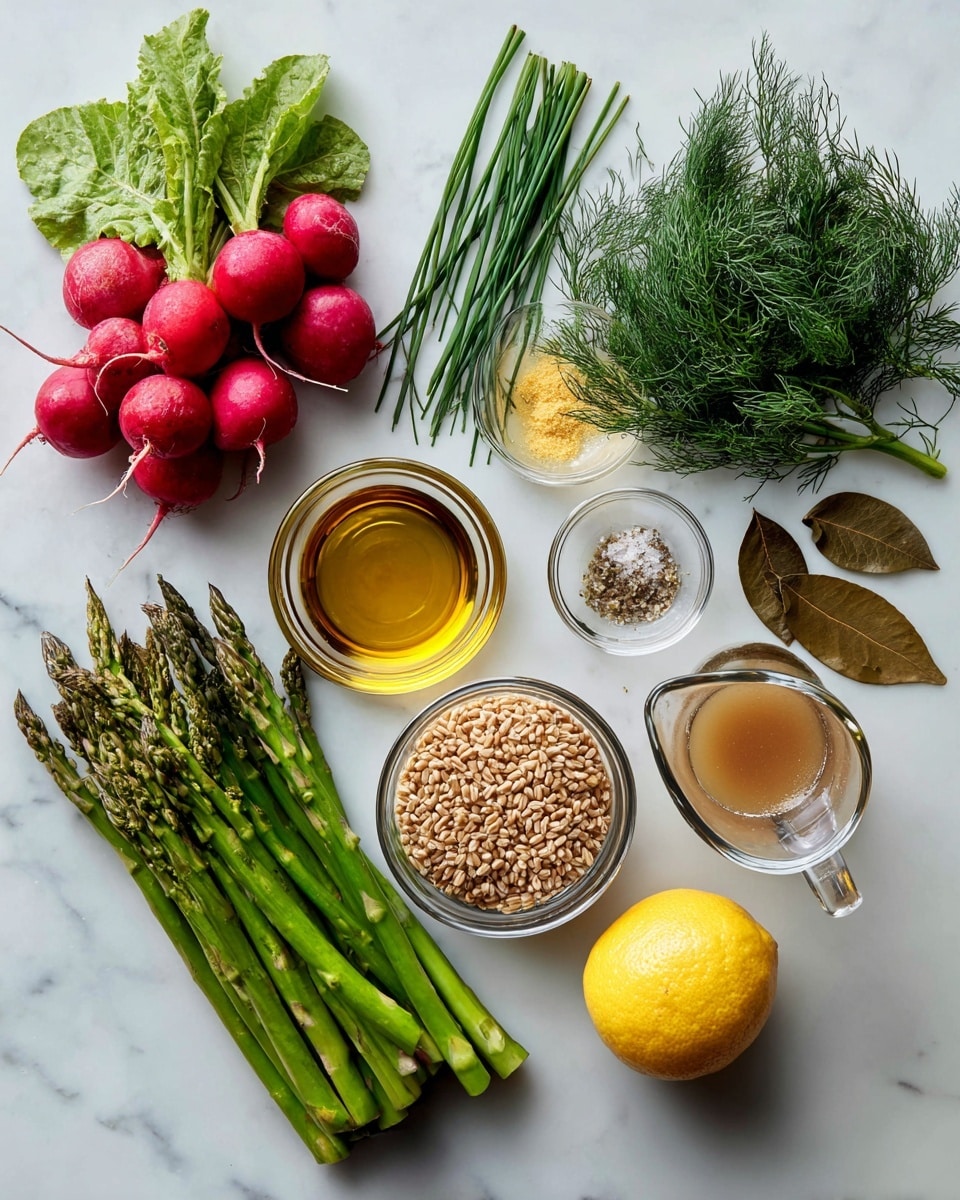 A white marbled surface holds an arrangement of fresh ingredients: a bunch of bright red radishes with green leaves on the left, and next to them, a bundle of long green asparagus spears. Above the asparagus are slender green chives and feathery dill sprigs. Toward the center, a clear glass bowl filled with golden olive oil sits below a larger glass bowl full of uncooked beige grains, likely farro. To the right side, a glass measuring cup contains a light brown broth, placed near two dried bay leaves. Small glass bowls hold a dollop of grainy mustard and a pinch of coarse salt. A halved bright yellow lemon is placed near a cluster of dark green broccolini stalks. The colors are fresh and natural with a simple, clean presentation. Photo taken with an iphone --ar 4:5 --v 7