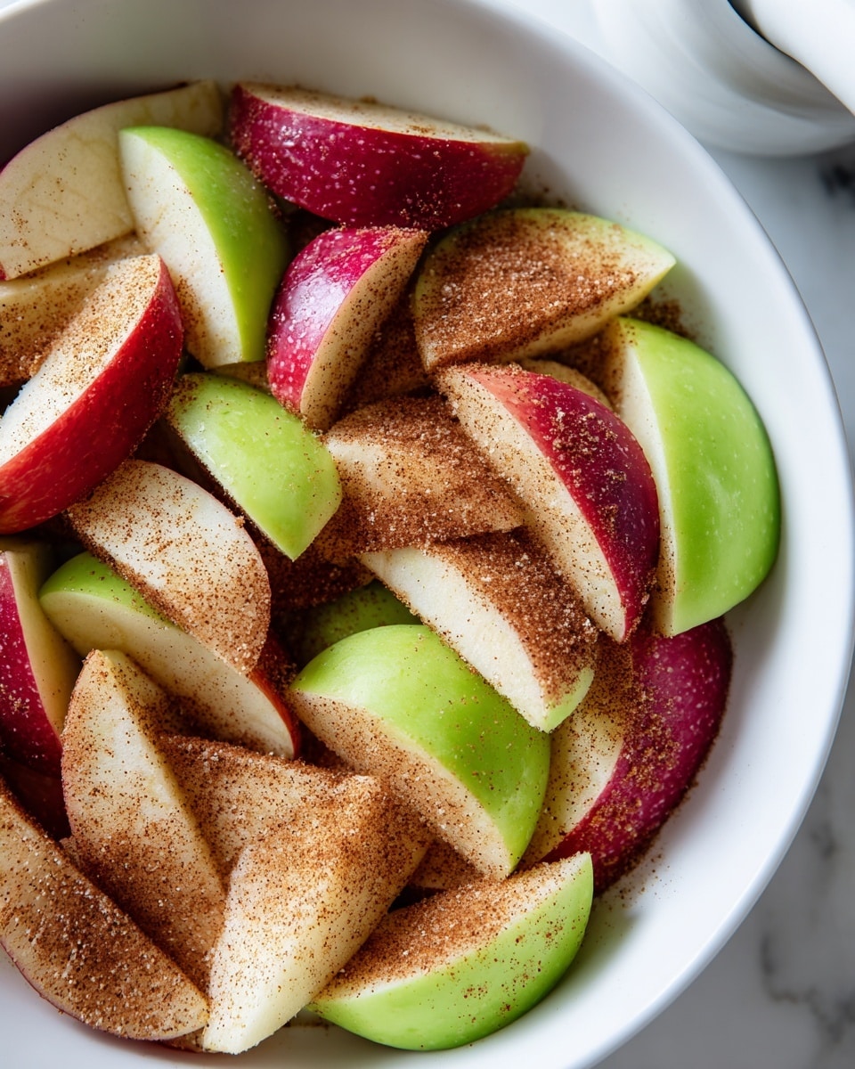 A bowl filled with many slices of green and red apples, arranged in layers with some overlapping. Each apple slice is coated evenly with a mixture of light brown sugar and fine cinnamon powder, giving a textured look. The bowl is white, placed on a white marbled surface, and near the top right corner, there is a white mortar and pestle visible, slightly out of focus. The apple slices show both smooth skin and juicy inner flesh, with the sugar and cinnamon mixture adding a grainy texture on top. Photo taken with an iphone --ar 4:5 --v 7