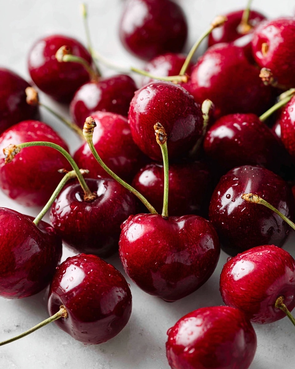 Many fresh red cherries are shown close together scattered on a white marbled surface. Each cherry has a shiny smooth skin with a natural red color that varies slightly between bright and dark tones. Thin green stems stick out from most cherries, some standing up while others lie flat. The cherries have a round shape with subtle highlights that create a fresh look, and their surfaces have a realistic texture with slight dimples and natural imperfections. photo taken with an iphone --ar 4:5 --v 7