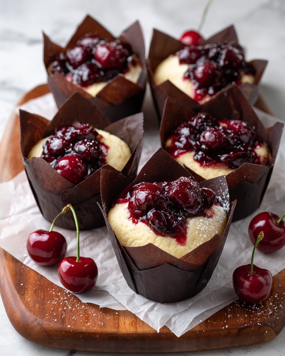Five muffins are wrapped in dark brown paper liners with edges that open like petals. Each muffin has a creamy pale yellow middle layer topped with a thick, shiny, deep red cherry sauce containing whole cherries. The muffins sit on white parchment paper on a wooden board, all placed on a white marbled surface. Some red cherries with green stems are scattered around the board. There is powdered sugar lightly dusted on the muffins and paper. photo taken with an iphone --ar 4:5 --v 7