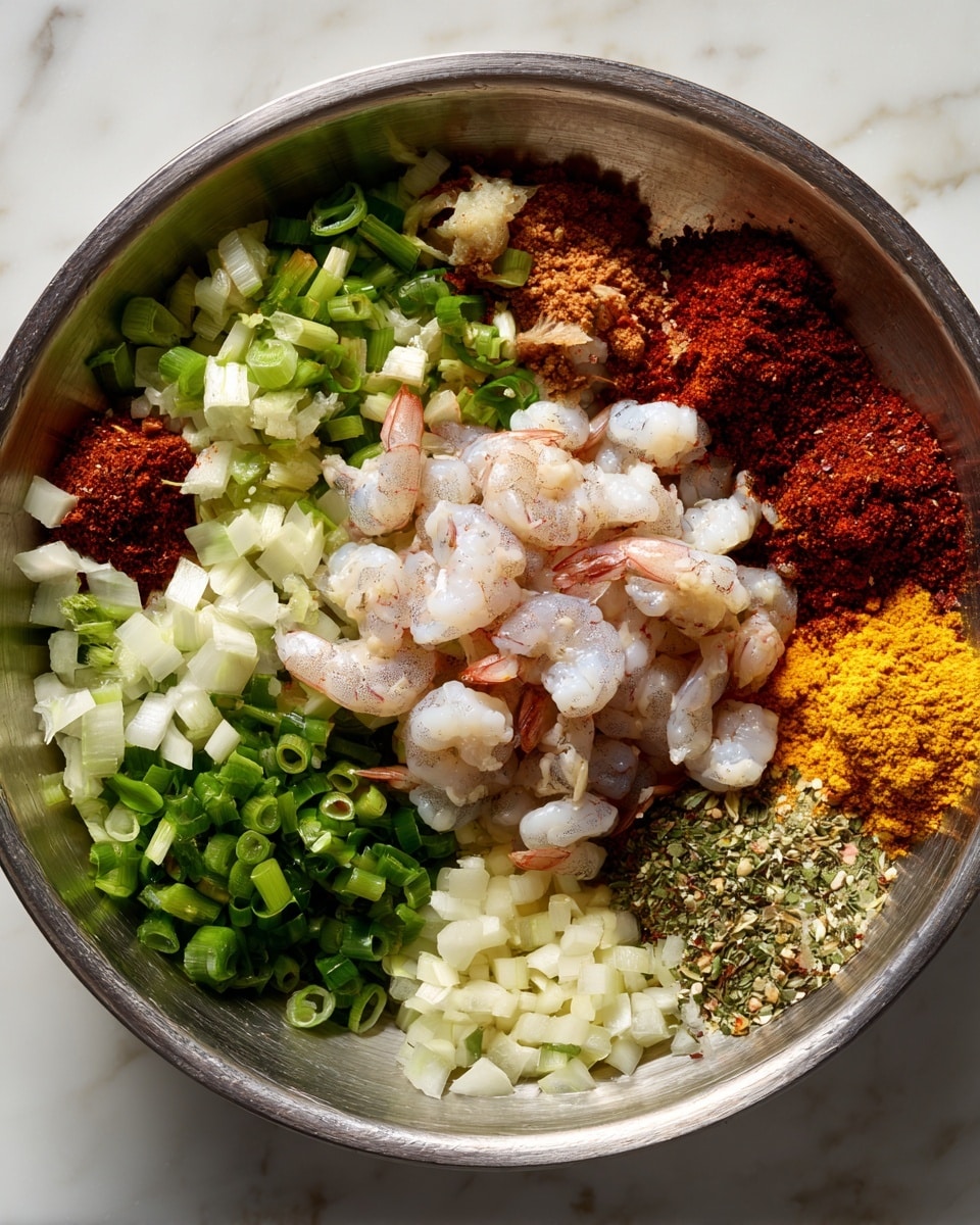 A metal bowl holds a colorful mix of ingredients arranged in layers: in the center, there is a cluster of small raw shrimp with a translucent white and pinkish tone, slightly curved. Surrounding the shrimp are chopped green onions with a rich green color, finely diced white onions, and small cubes of garlic. Various spices form distinct piles beside the vegetables — a bright yellow turmeric powder, a deep red chili powder, a reddish-brown spice blend, and a speckled green and beige dried herb mix. All ingredients are separate, showcasing a variety of textures and colors. The bowl rests on a white marbled surface. photo taken with an iphone --ar 4:5 --v 7