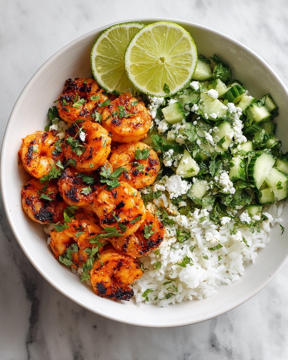 A white bowl holds a base layer of white rice with a slightly sticky texture, covering the bottom and right side of the bowl. On top of the rice, to the right, are small pieces of light green diced cucumber mixed with fresh green chopped herbs. The center and left side are filled with about ten medium-sized grilled shrimp, bright orange with charred grill marks and sprinkled with small green herb leaves and white cheese crumbles. At the back of the bowl, two lime wedges with a light green and pale yellow hue rest against the edge. The bowl sits on a white marbled surface. Photo taken with an iphone --ar 4:5 --v 7