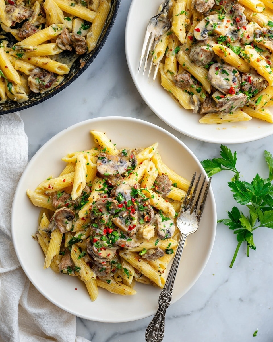 The image shows two white plates of creamy mushroom pasta on a white marbled surface. Each plate has two layers: at the bottom is a layer of pale yellow penne pasta mixed with chunks of light brown cooked meat and sliced brown mushrooms in a creamy beige sauce. The top layer is sprinkled with fresh bright green parsley and small flakes of red pepper. One plate has an ornate silver fork placed on the right side, while the other plate's fork is partly inside the pasta. In the top left corner, part of a black skillet with more pasta is visible. A white cloth is softly placed near the bottom left corner. photo taken with an iphone --ar 4:5 --v 7