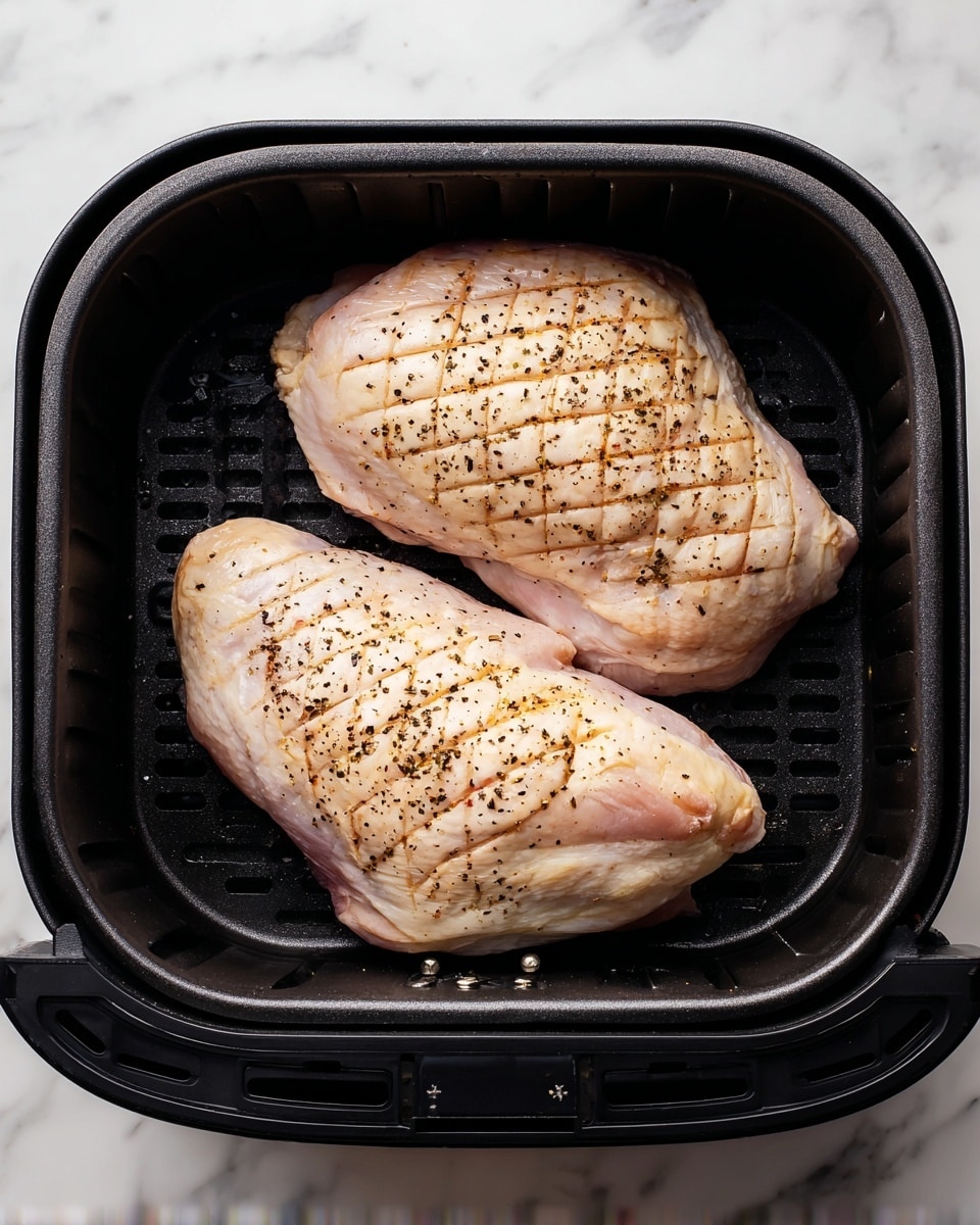 The image shows two pieces of raw chicken placed inside a black air fryer basket. Each piece has crosshatch marks scored on the skin, revealing a pale pink color underneath. The chicken skin is sprinkled with black pepper and light seasoning, giving it a slightly grainy texture. The air fryer basket has a grid-like bottom with gaps for air circulation. The background is a white marbled surface. photo taken with an iphone --ar 4:5 --v 7