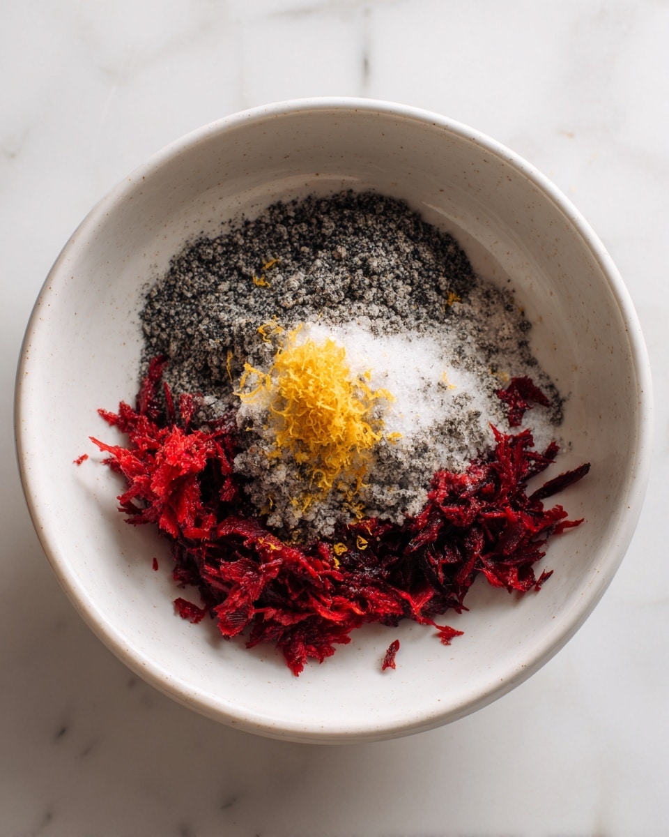 A white bowl sits on a white marbled surface, filled with several loose layers of ingredients. The bottom layer shows small shreds of bright red vegetable, likely beetroot, spread unevenly. On top of this is a mound of finely ground black and grey powder, surrounded by a white granulated powder sprinkled over the red vegetable. At the center of this mix is a small pile of bright yellow zest, adding a pop of vibrant color. The textures vary from the soft shreds to the fine powders and zest, all resting loosely in the bowl photo taken with an iphone --ar 4:5 --v 7