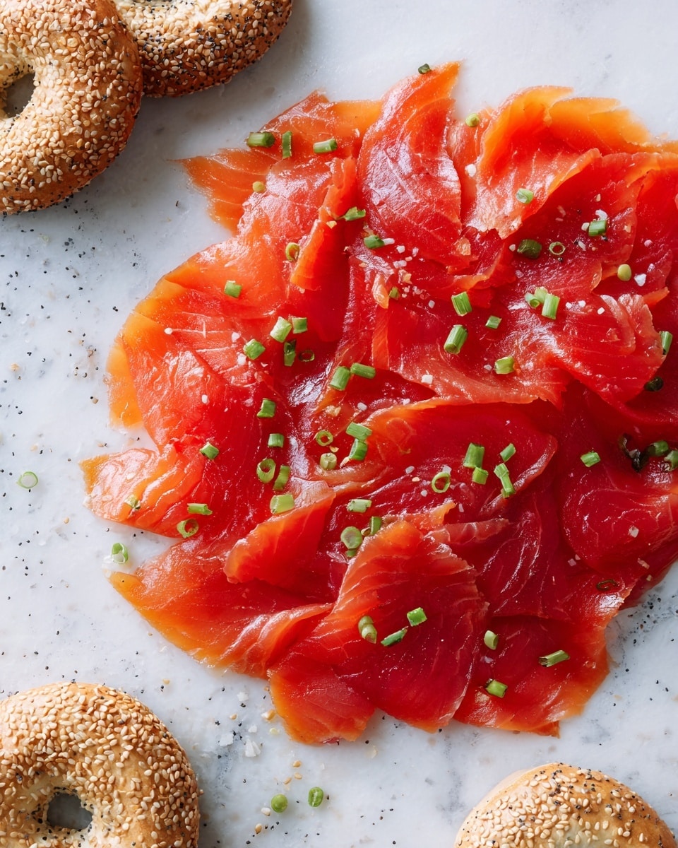 Thin slices of bright red smoked salmon are loosely spread in a single thick layer on a white marbled surface. The salmon has a shiny, smooth texture with some darker red spots and is sprinkled lightly with small green onion rings, adding a fresh contrast. Around the salmon, there are three sesame bagels with a golden brown crust placed casually. The overall setting looks fresh and colorful with a clean white marbled background. Photo taken with an iphone --ar 4:5 --v 7
